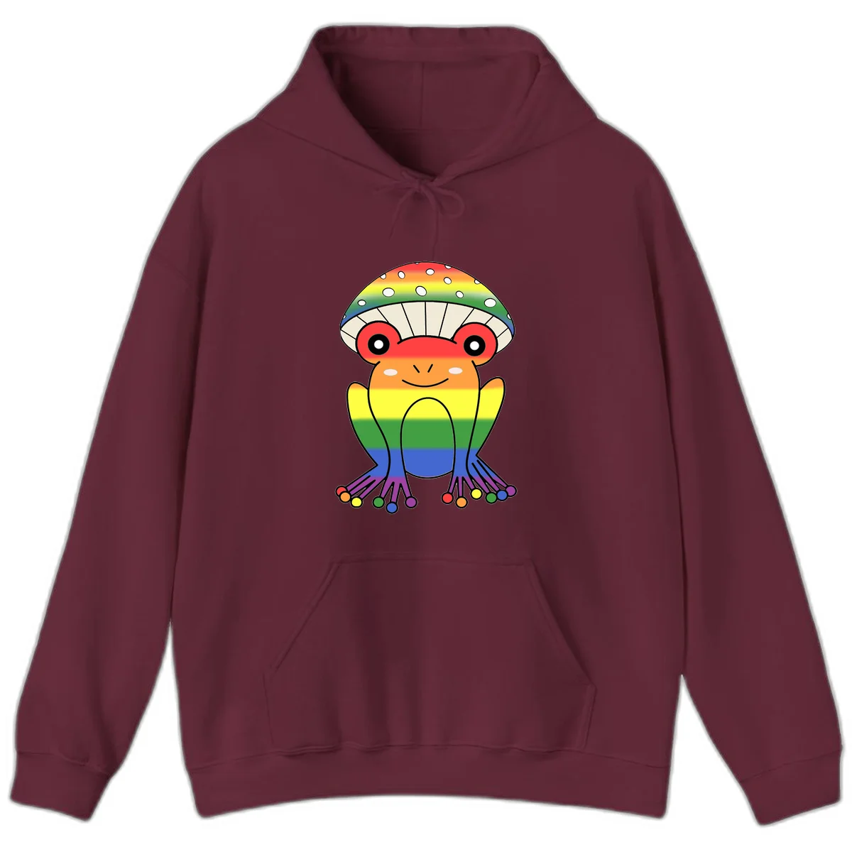 Cute rainbow mushroom character with spotted cap, large smiling eyes, and colorful gradient-filled body in pride colors in Maroon