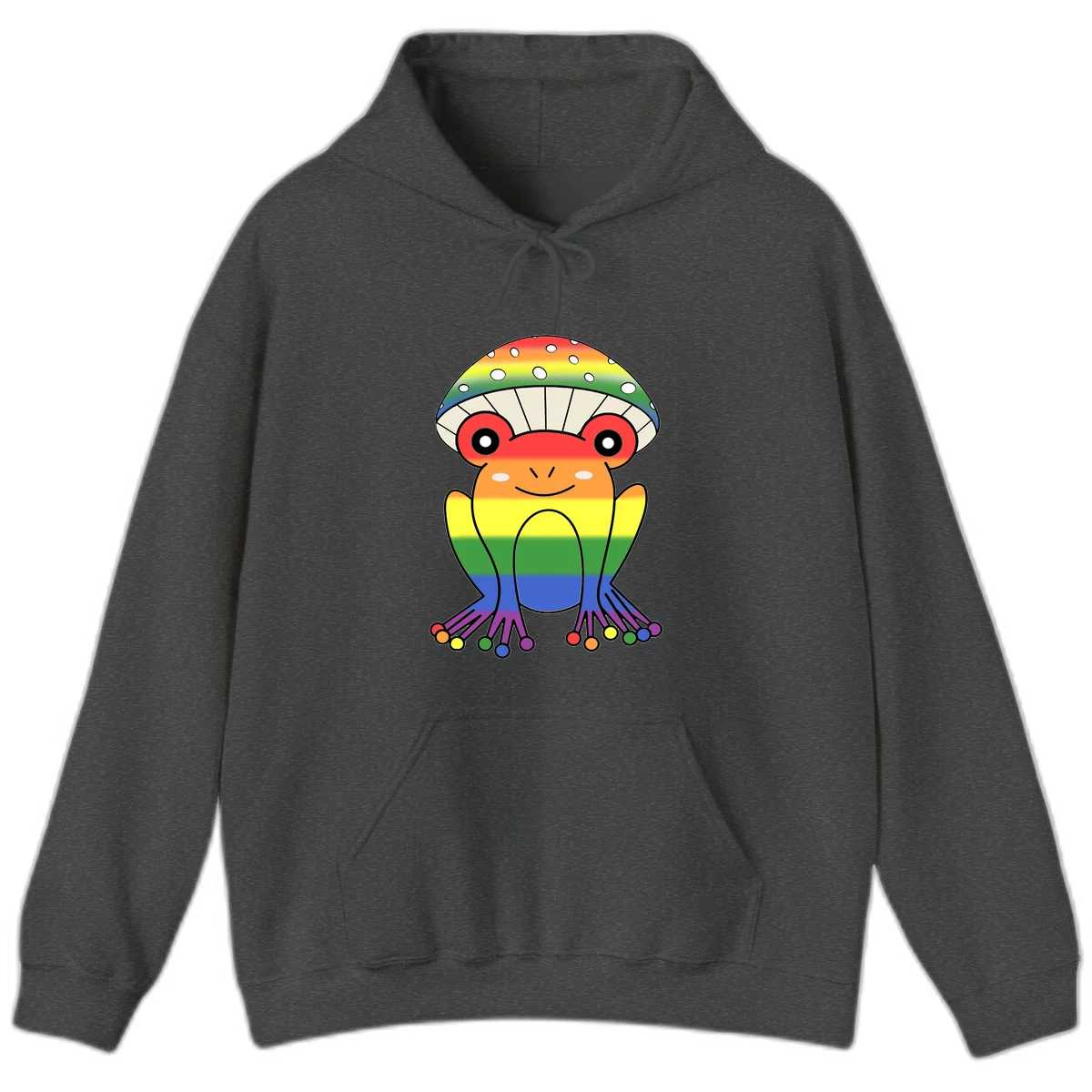 Cute rainbow mushroom character with spotted cap, large smiling eyes, and colorful gradient-filled body in pride colors in Dark Heather