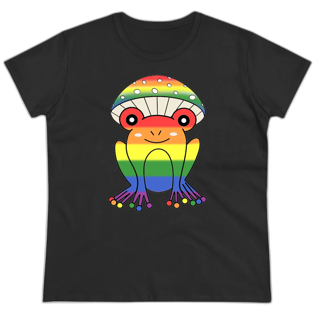 Cute rainbow mushroom character with spotted cap, large smiling eyes, and colorful gradient-filled body in pride colors in Black
