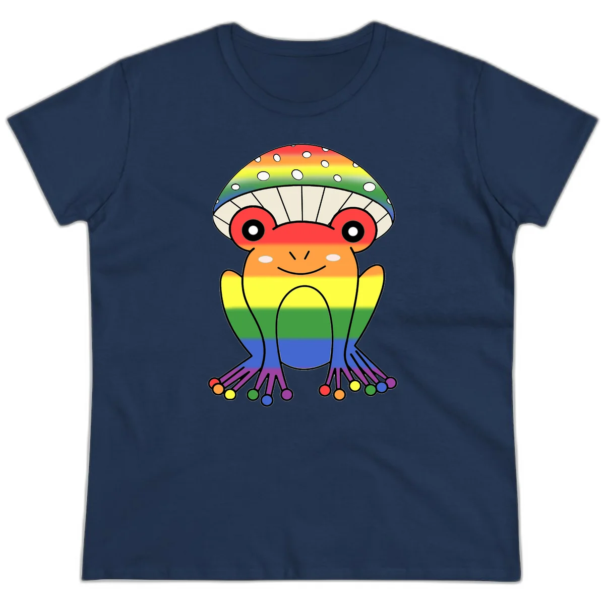 Cute rainbow mushroom character with spotted cap, large smiling eyes, and colorful gradient-filled body in pride colors in Navy