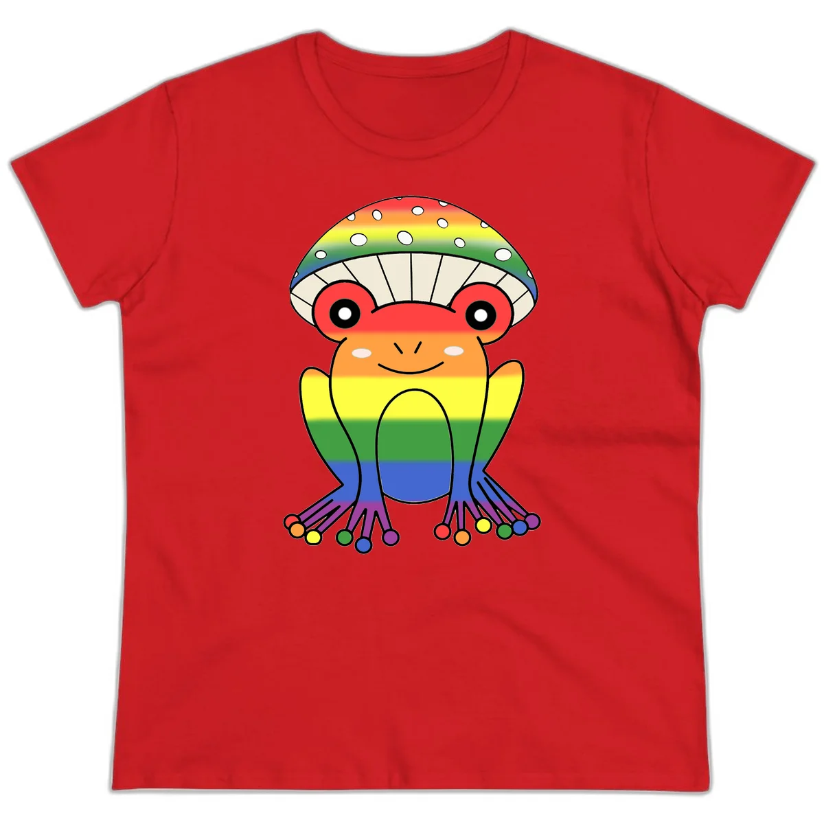 Cute rainbow mushroom character with spotted cap, large smiling eyes, and colorful gradient-filled body in pride colors in Red
