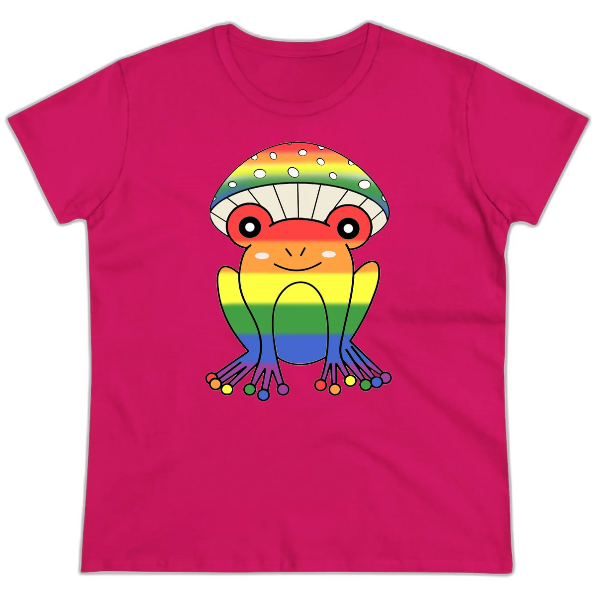 Cute rainbow mushroom character with spotted cap, large smiling eyes, and colorful gradient-filled body in pride colors in Heliconia
