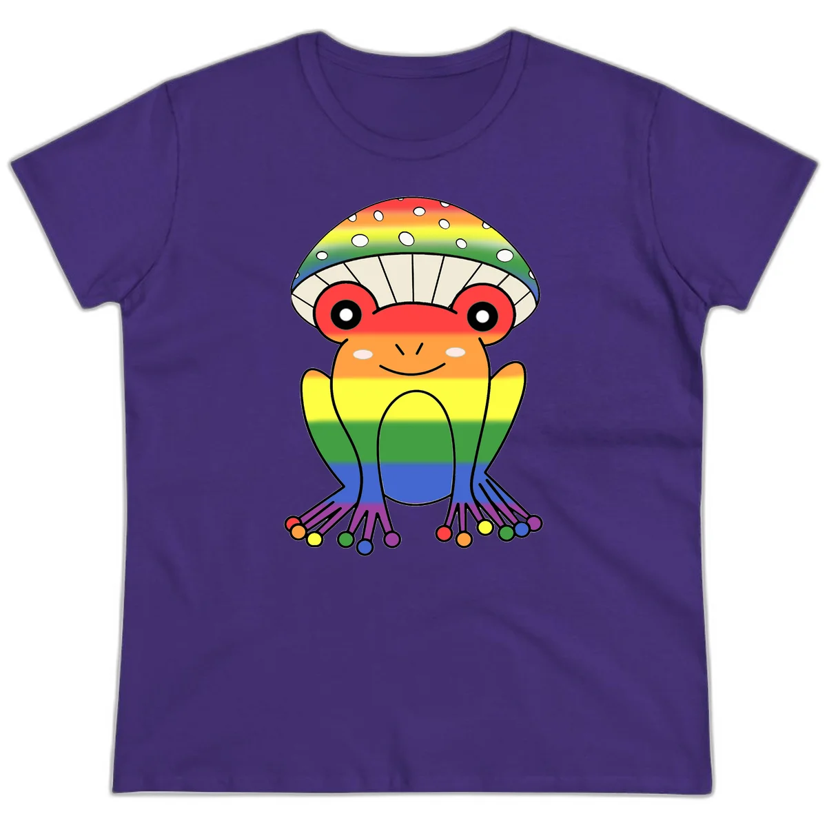 Cute rainbow mushroom character with spotted cap, large smiling eyes, and colorful gradient-filled body in pride colors in Purple