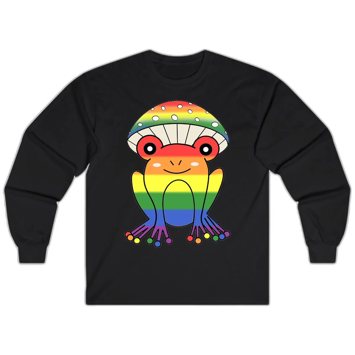 Cute rainbow mushroom character with spotted cap, large smiling eyes, and colorful gradient-filled body in pride colors in Black