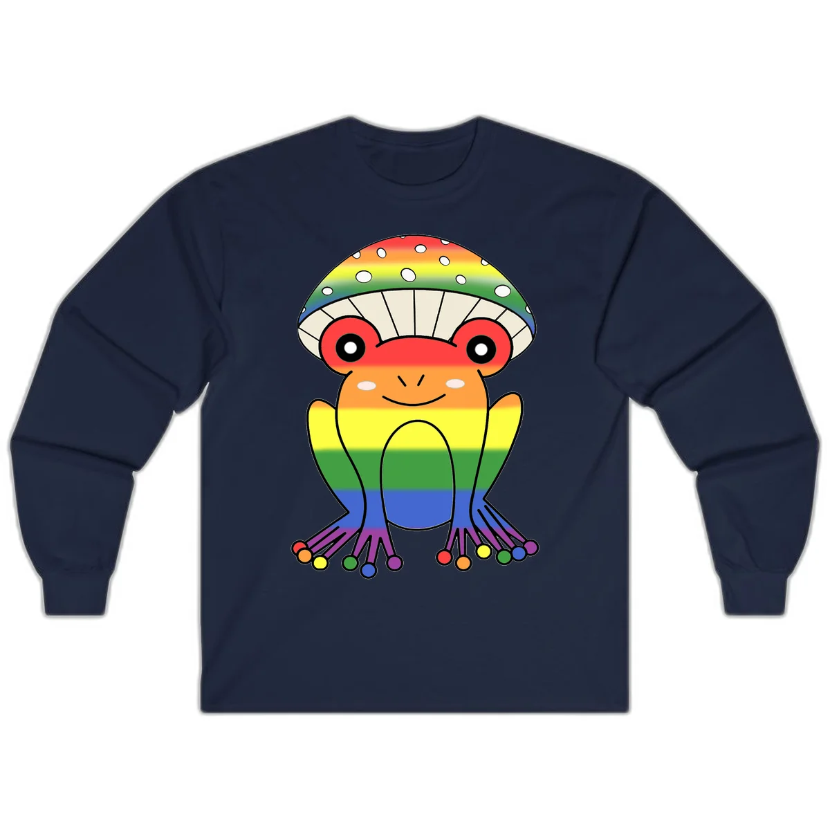 Cute rainbow mushroom character with spotted cap, large smiling eyes, and colorful gradient-filled body in pride colors in Navy