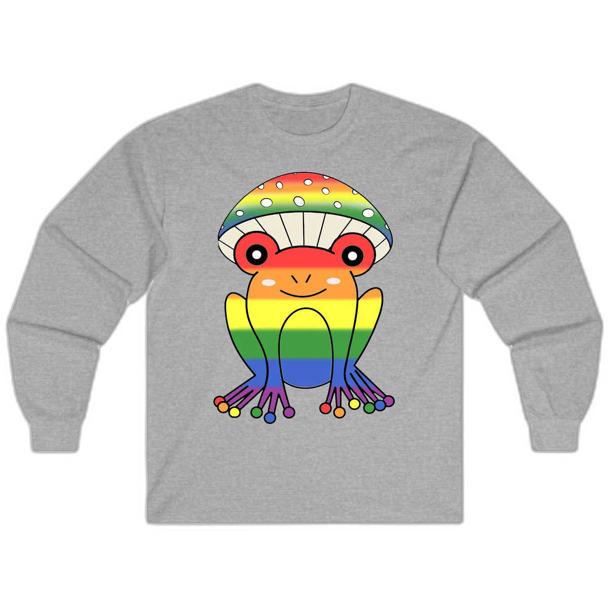 Cute rainbow mushroom character with spotted cap, large smiling eyes, and colorful gradient-filled body in pride colors in Sport Grey