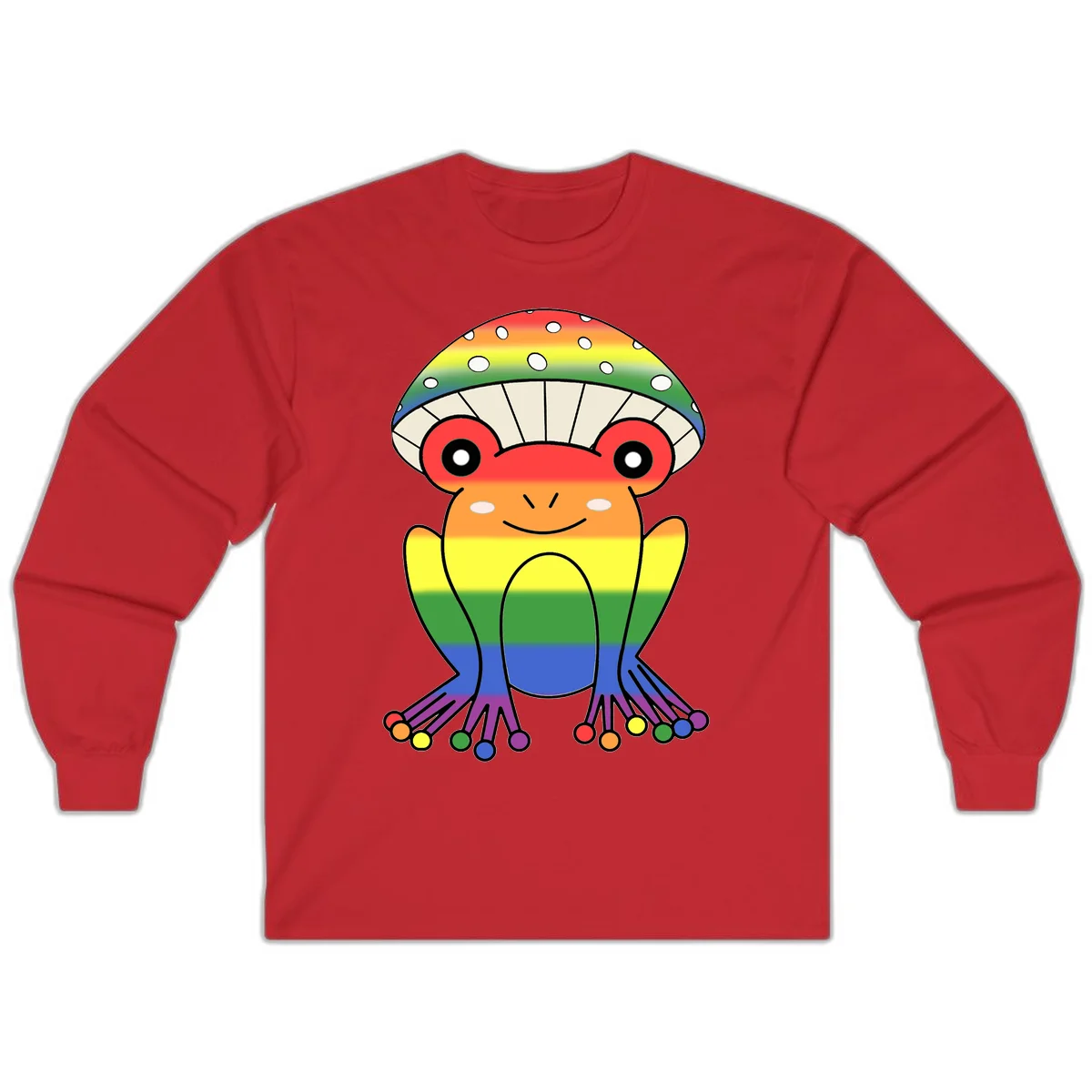 Cute rainbow mushroom character with spotted cap, large smiling eyes, and colorful gradient-filled body in pride colors in Red