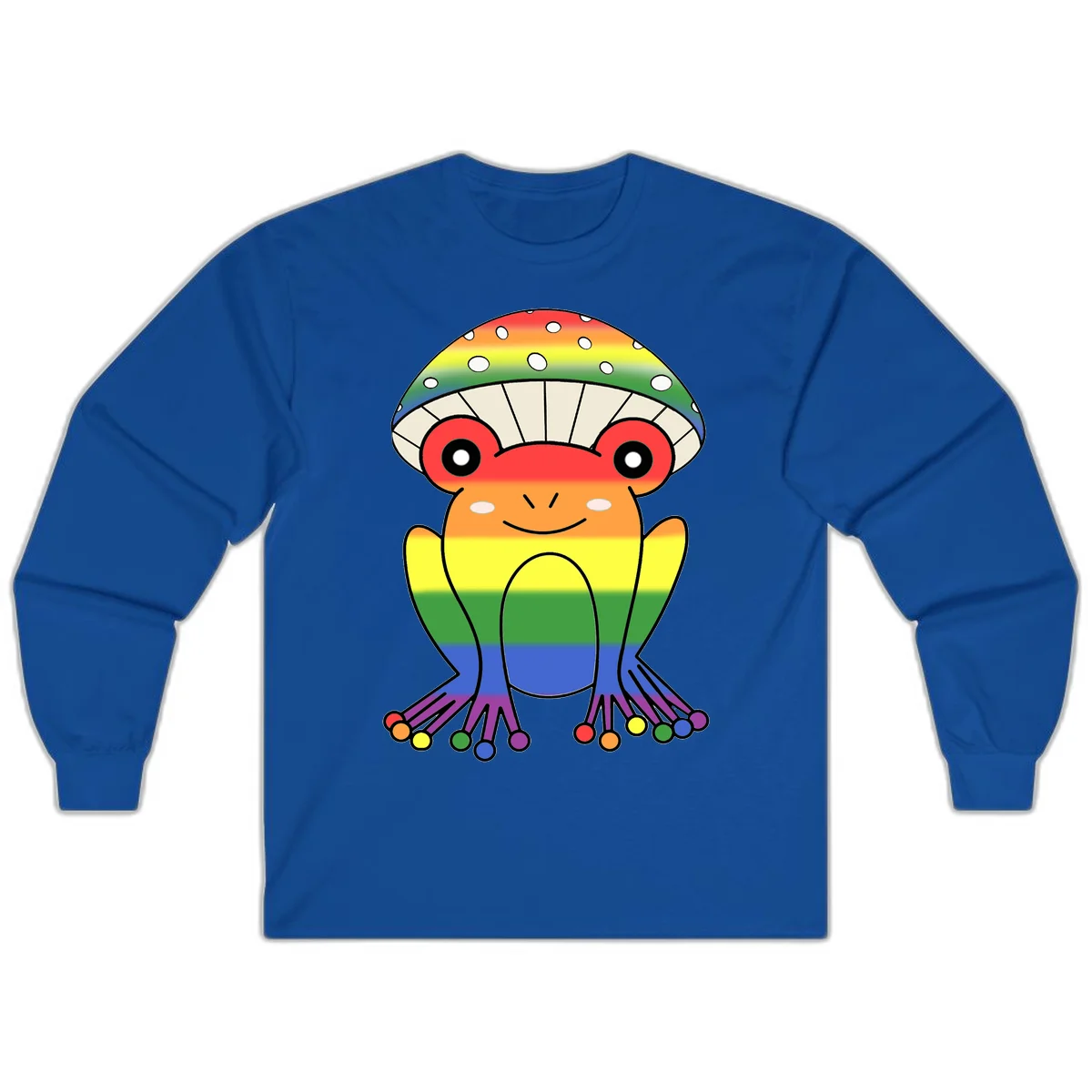 Cute rainbow mushroom character with spotted cap, large smiling eyes, and colorful gradient-filled body in pride colors in Royal