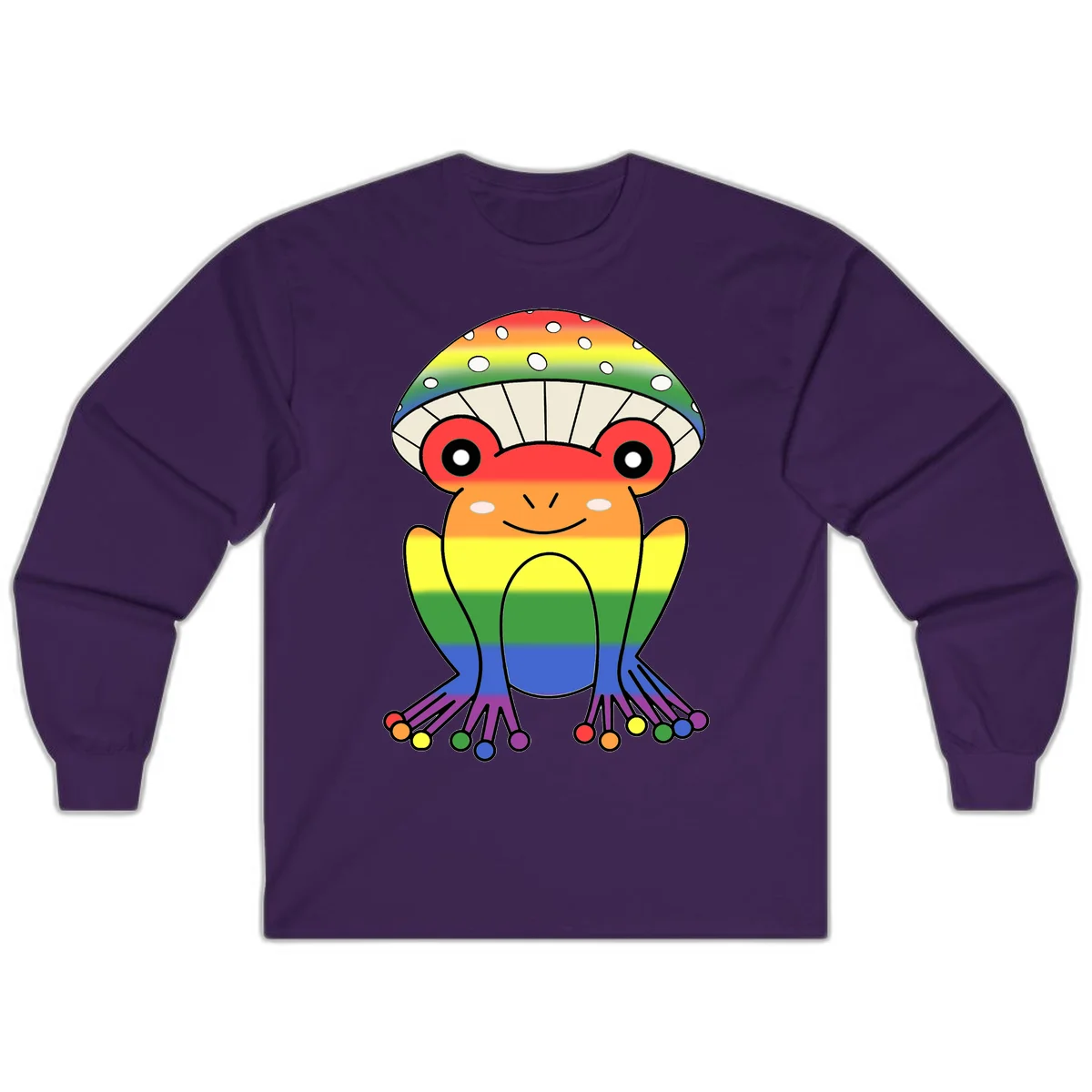 Cute rainbow mushroom character with spotted cap, large smiling eyes, and colorful gradient-filled body in pride colors in Purple