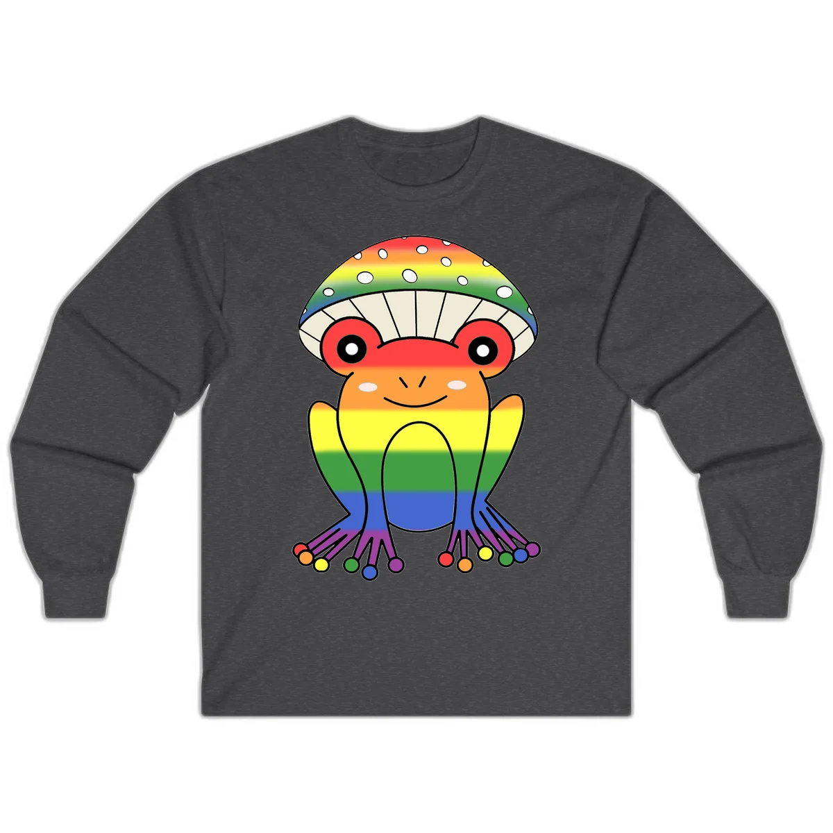 Cute rainbow mushroom character with spotted cap, large smiling eyes, and colorful gradient-filled body in pride colors in Dark Heather