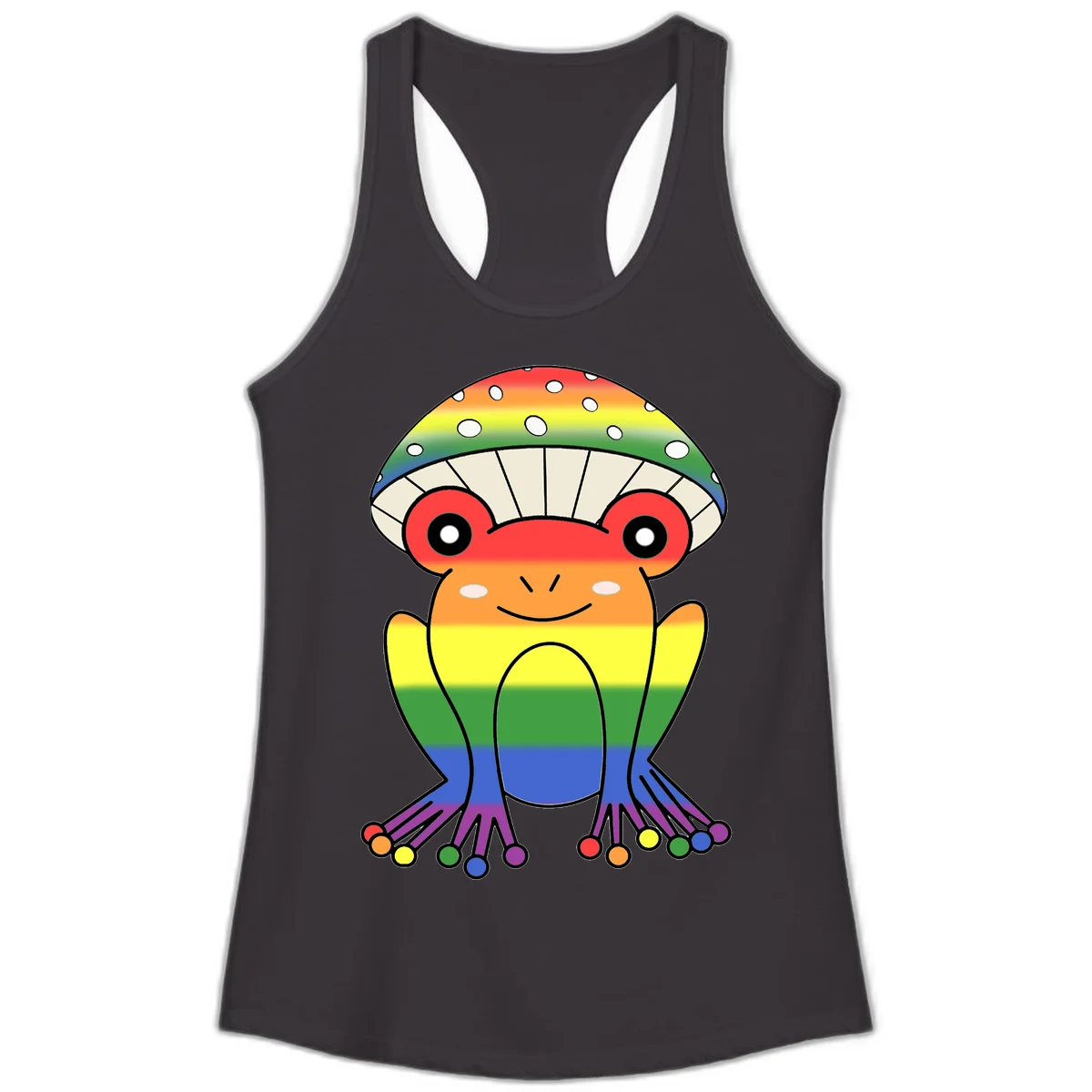Cute rainbow mushroom character with spotted cap, large smiling eyes, and colorful gradient-filled body in pride colors in Black