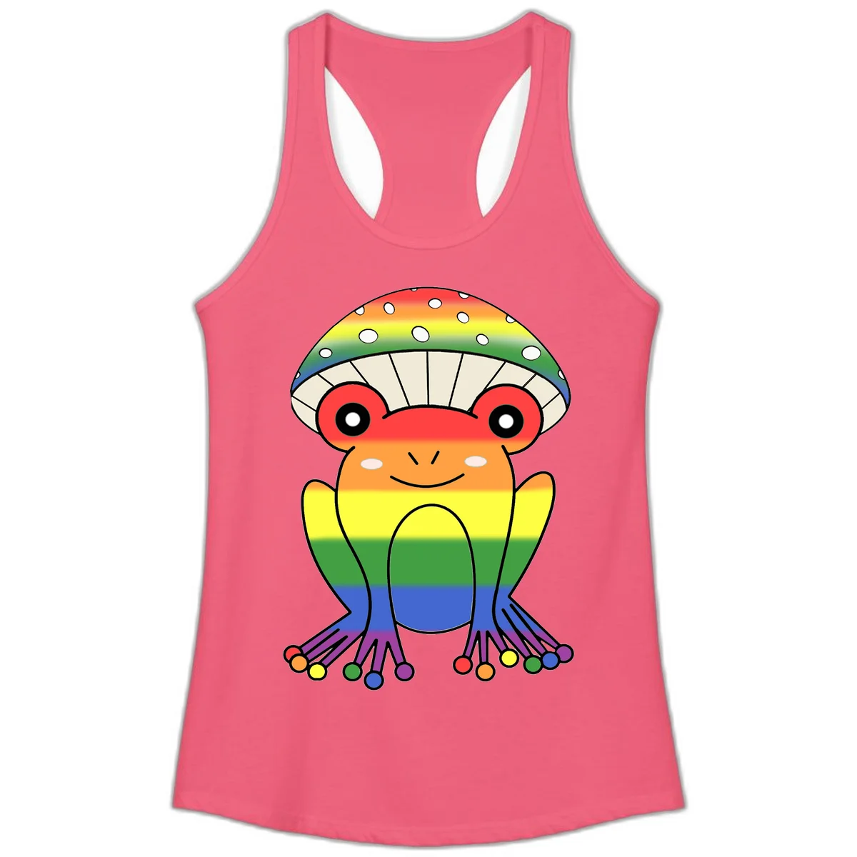 Cute rainbow mushroom character with spotted cap, large smiling eyes, and colorful gradient-filled body in pride colors in Hot Pink