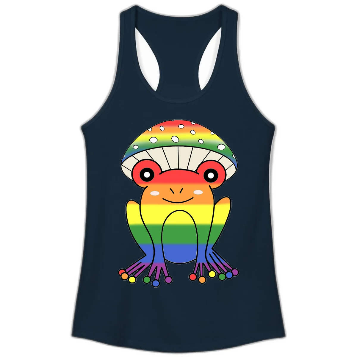 Cute rainbow mushroom character with spotted cap, large smiling eyes, and colorful gradient-filled body in pride colors in Solid Midnight Navy