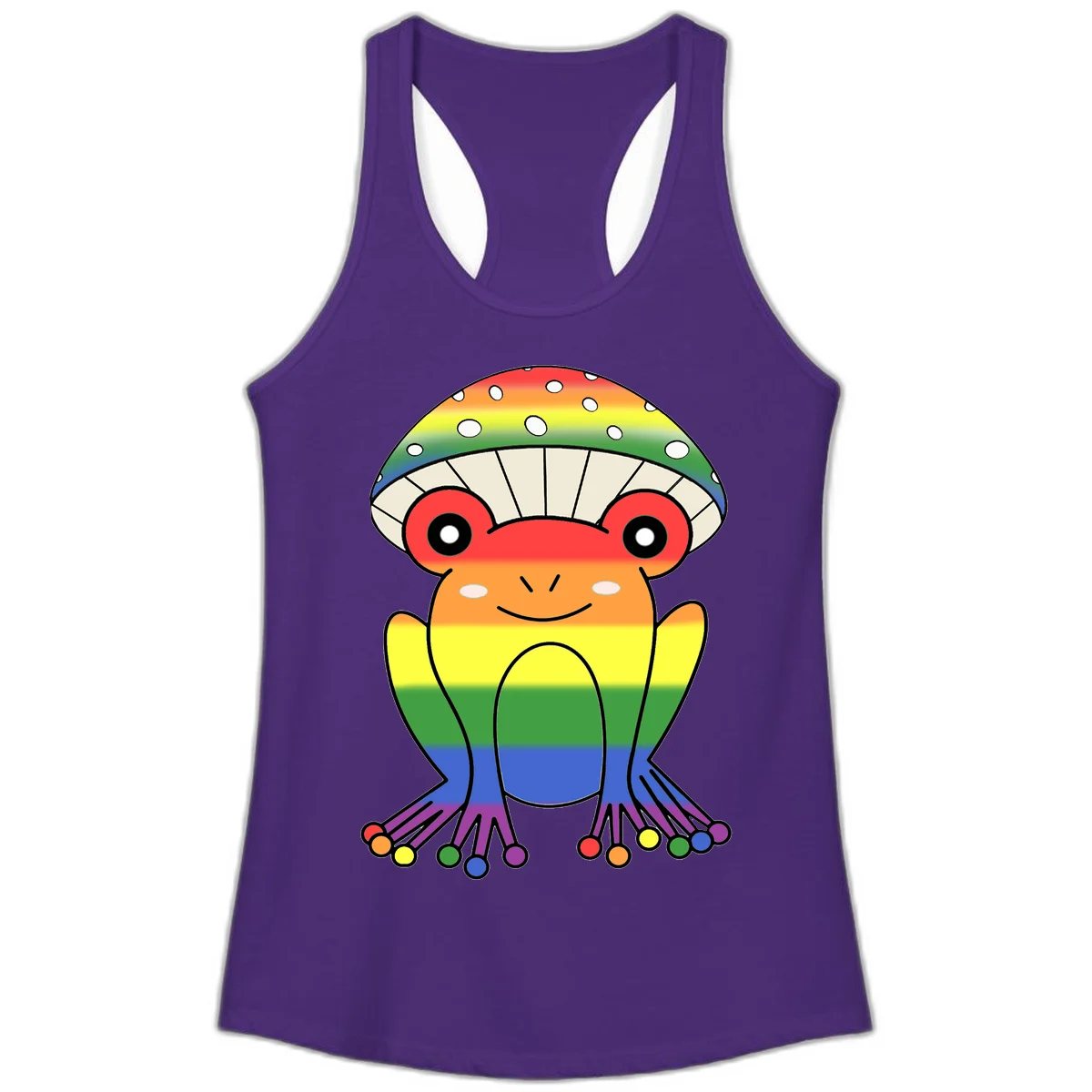Cute rainbow mushroom character with spotted cap, large smiling eyes, and colorful gradient-filled body in pride colors in Solid Purple Rush
