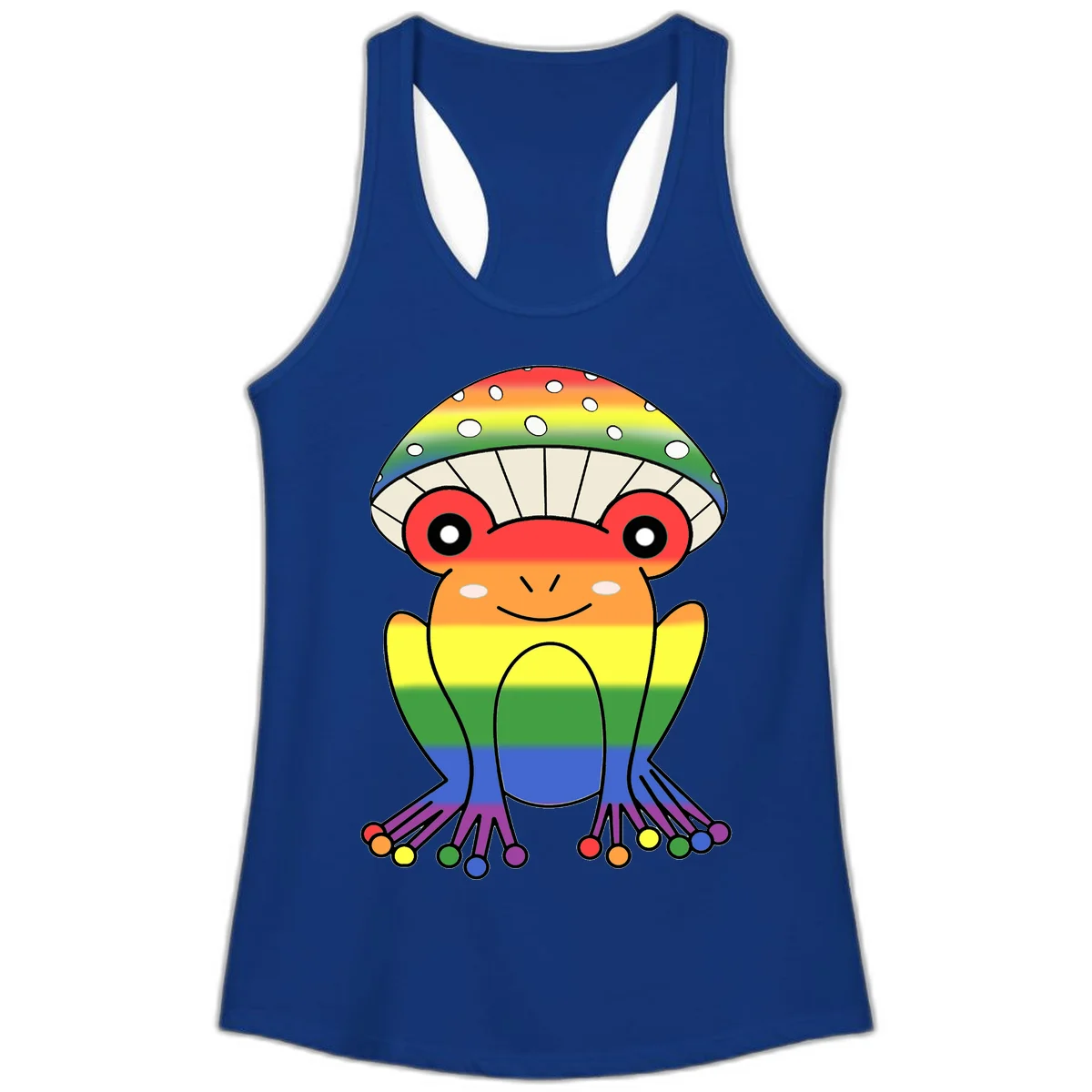 Cute rainbow mushroom character with spotted cap, large smiling eyes, and colorful gradient-filled body in pride colors in Solid Royal