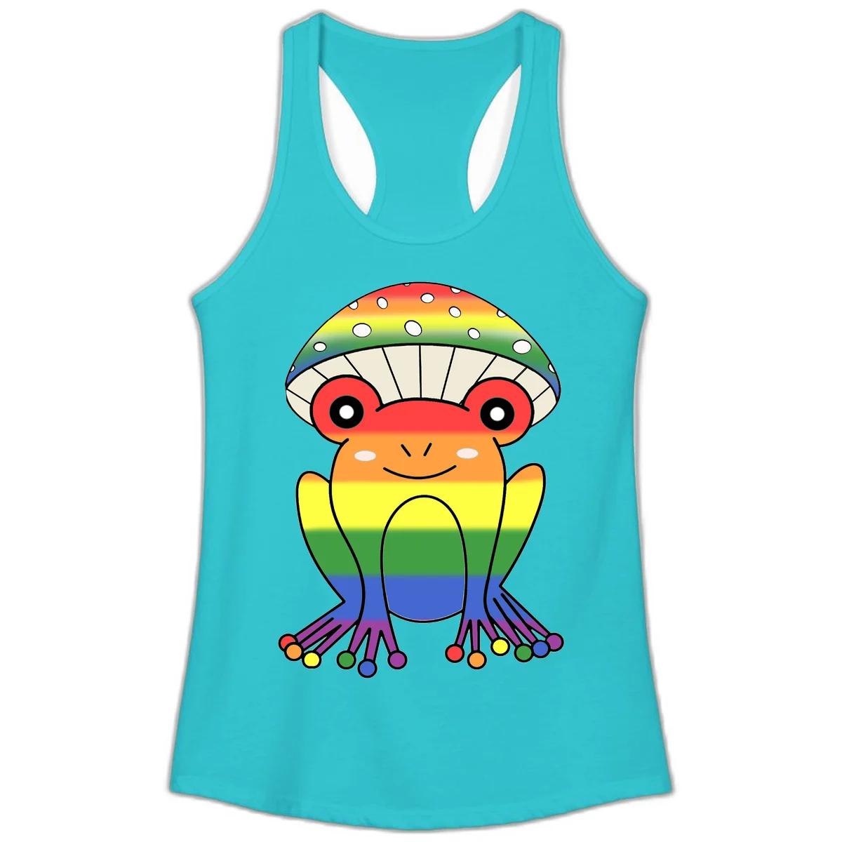Cute rainbow mushroom character with spotted cap, large smiling eyes, and colorful gradient-filled body in pride colors in Solid Tahiti Blue