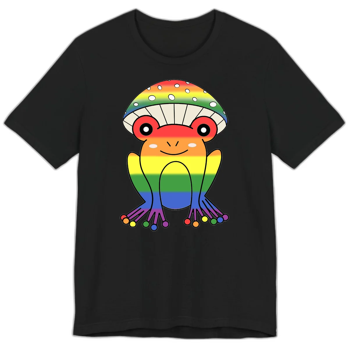Cute rainbow mushroom character with spotted cap, large smiling eyes, and colorful gradient-filled body in pride colors in Black