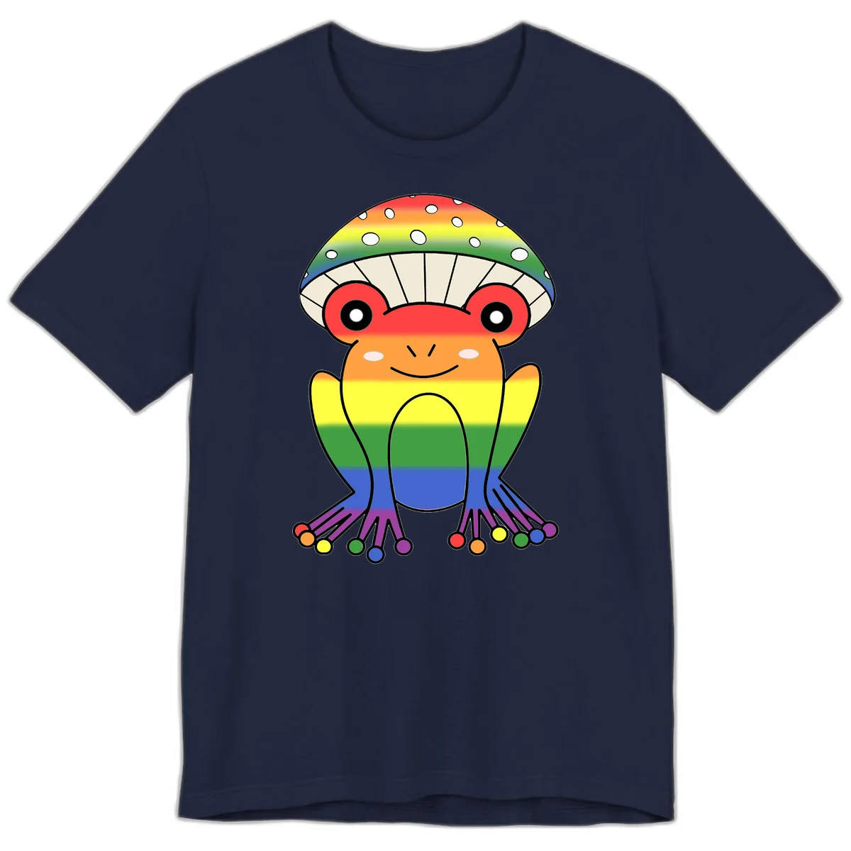 Cute rainbow mushroom character with spotted cap, large smiling eyes, and colorful gradient-filled body in pride colors in Navy