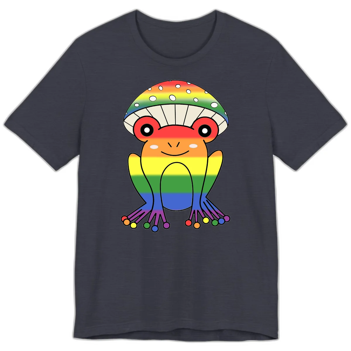Cute rainbow mushroom character with spotted cap, large smiling eyes, and colorful gradient-filled body in pride colors in Heather Midnight Navy