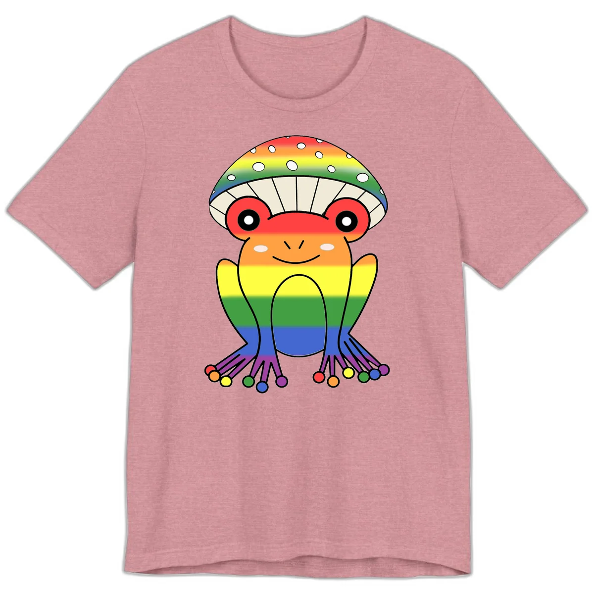Cute rainbow mushroom character with spotted cap, large smiling eyes, and colorful gradient-filled body in pride colors in Heather Orchid