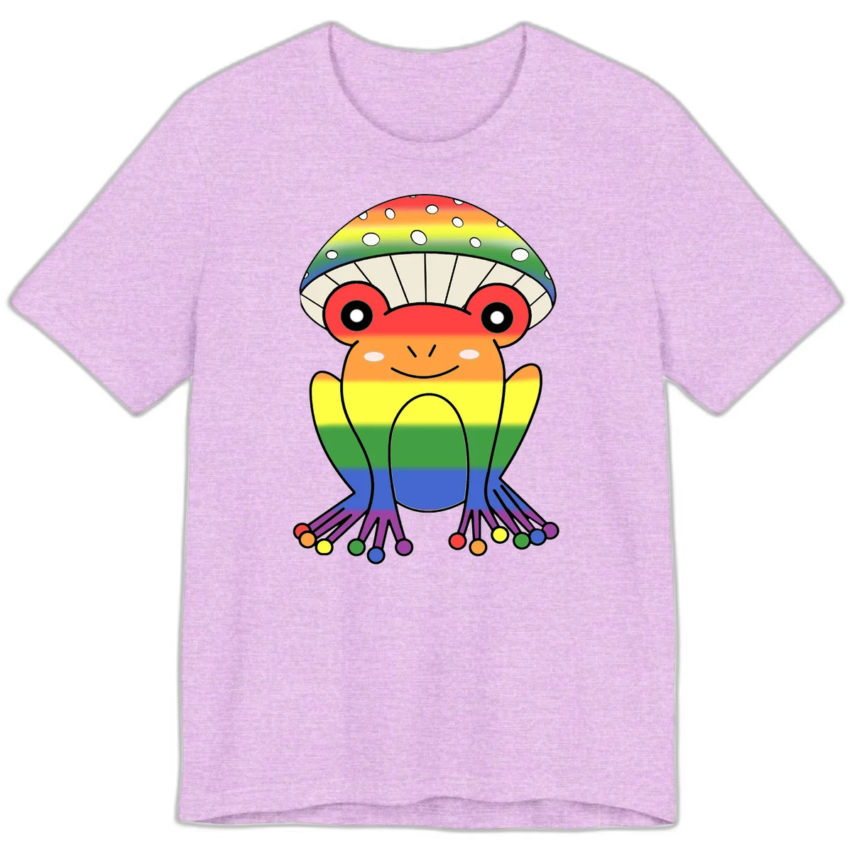 Cute rainbow mushroom character with spotted cap, large smiling eyes, and colorful gradient-filled body in pride colors in Heather Prism Lilac