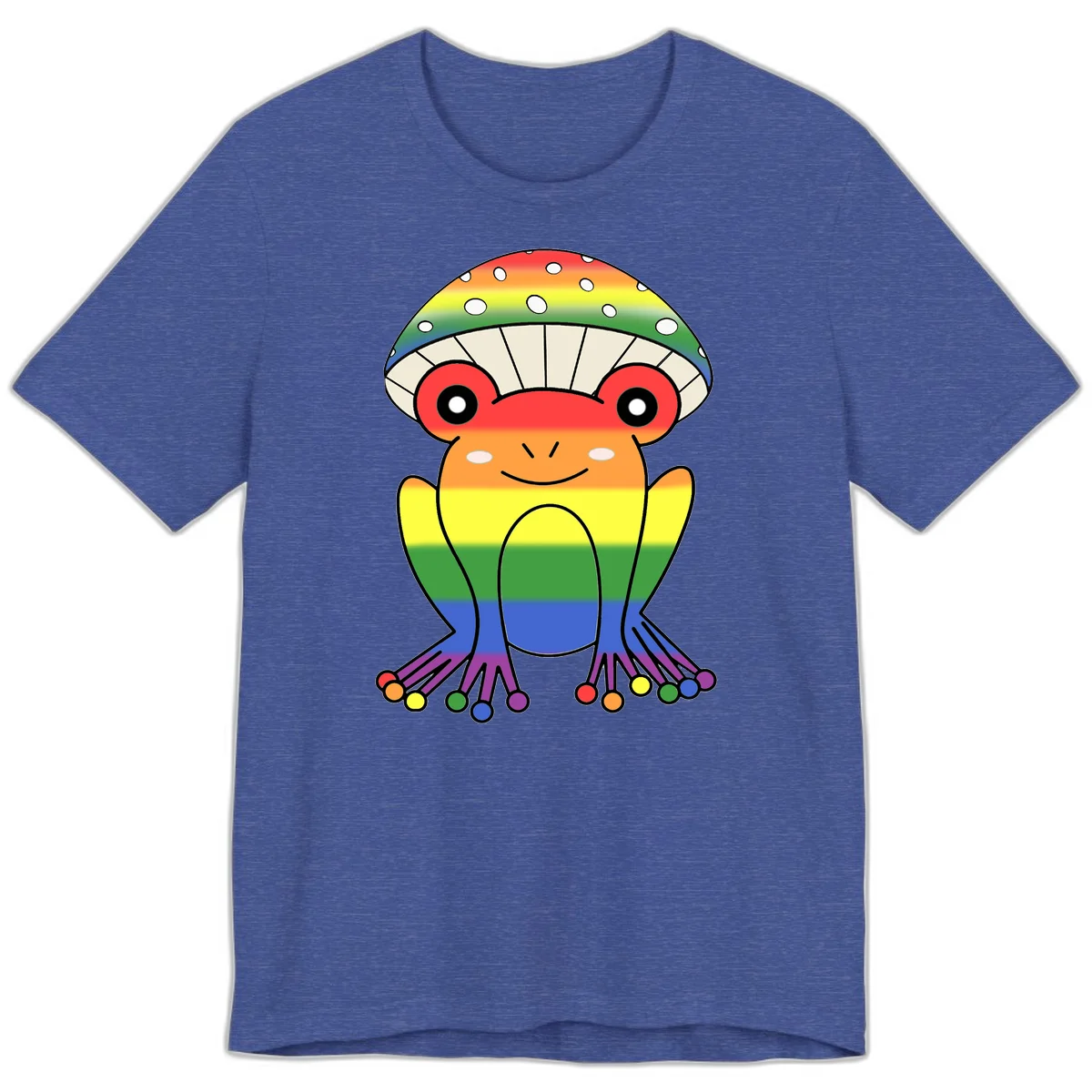 Cute rainbow mushroom character with spotted cap, large smiling eyes, and colorful gradient-filled body in pride colors in Heather True Royal