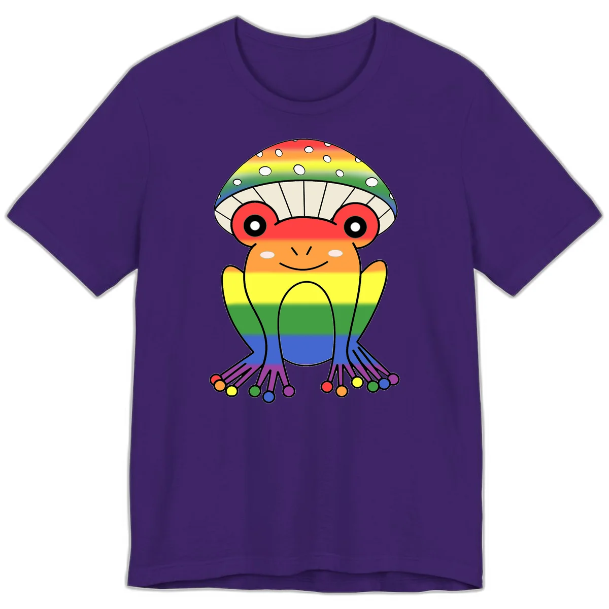 Cute rainbow mushroom character with spotted cap, large smiling eyes, and colorful gradient-filled body in pride colors in Team Purple