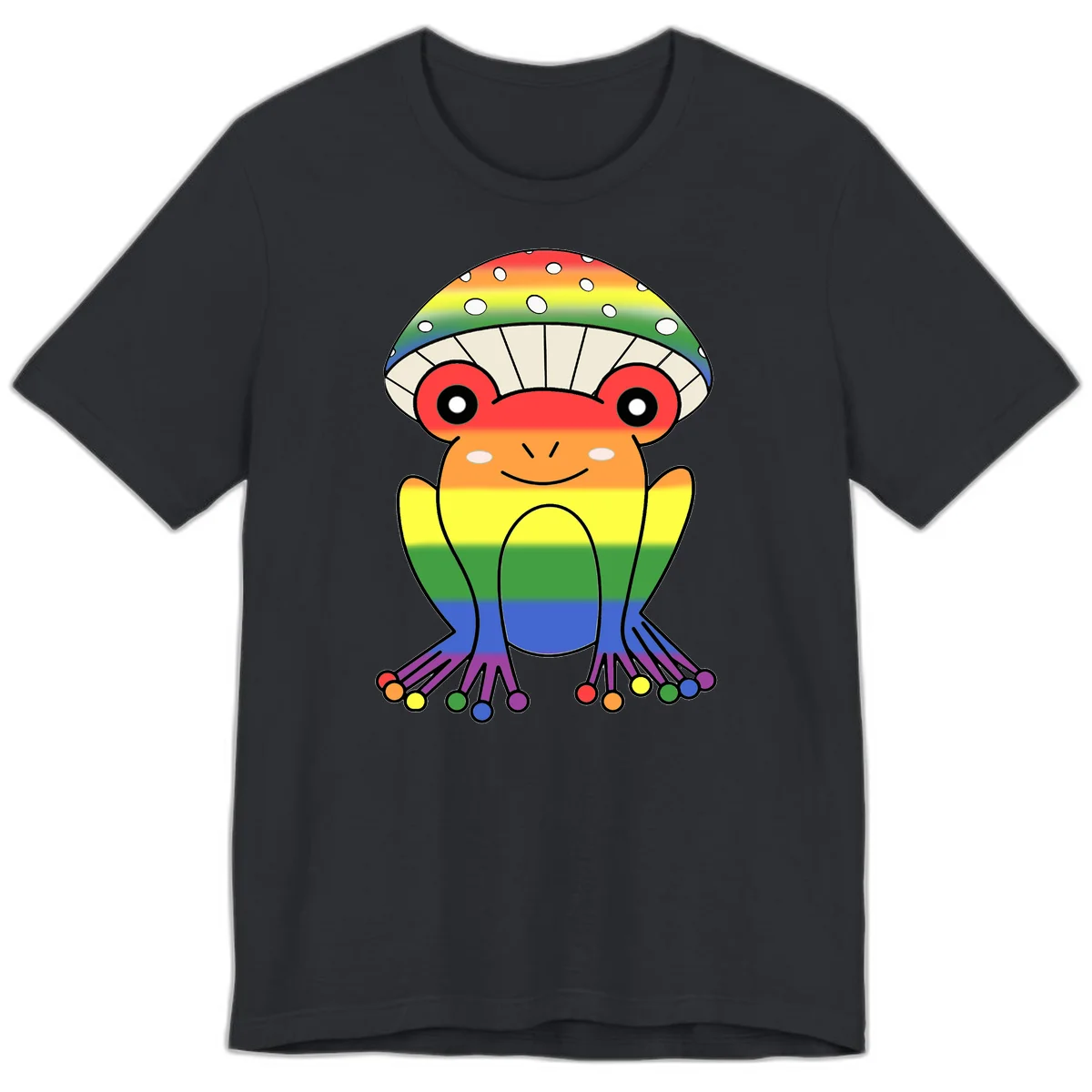 Cute rainbow mushroom character with spotted cap, large smiling eyes, and colorful gradient-filled body in pride colors in Vintage Black