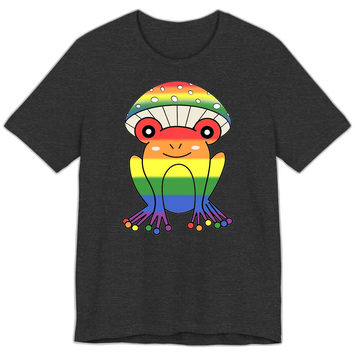 Cute rainbow mushroom character with spotted cap, large smiling eyes, and colorful gradient-filled body in pride colors in Dark Grey Heather