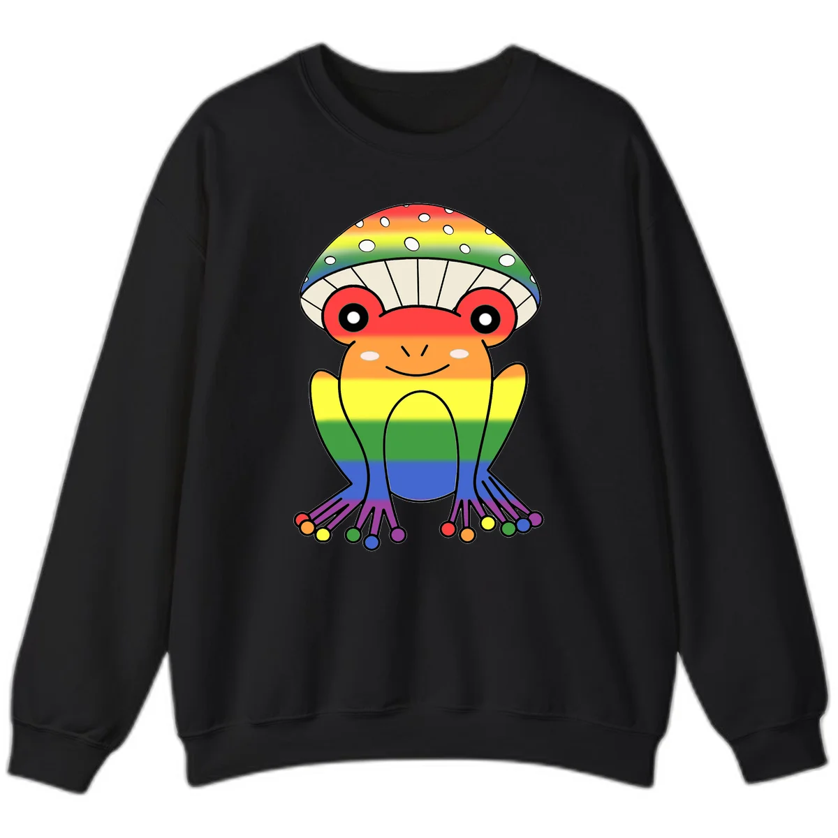 Cute rainbow mushroom character with spotted cap, large smiling eyes, and colorful gradient-filled body in pride colors in Black