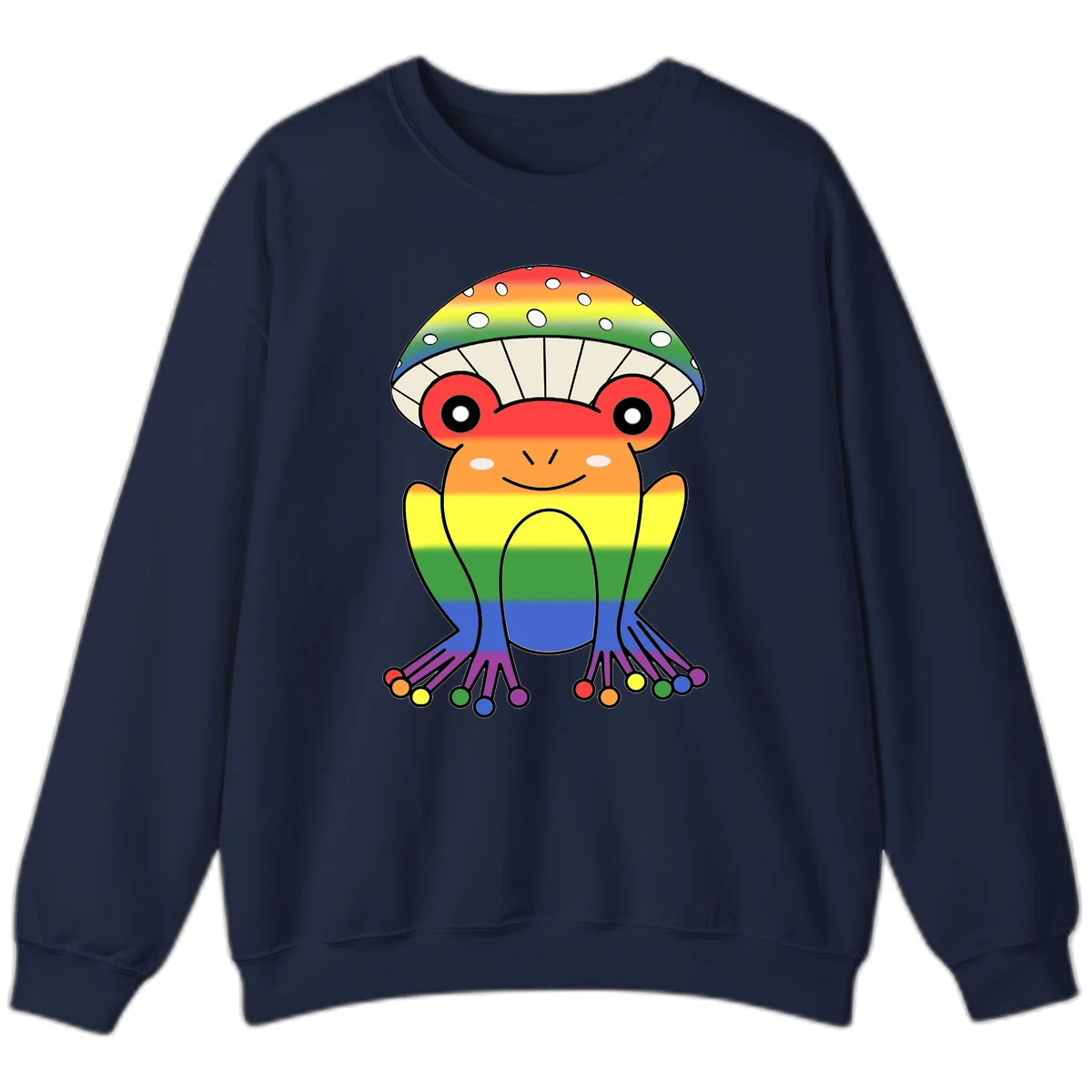 Cute rainbow mushroom character with spotted cap, large smiling eyes, and colorful gradient-filled body in pride colors in Navy