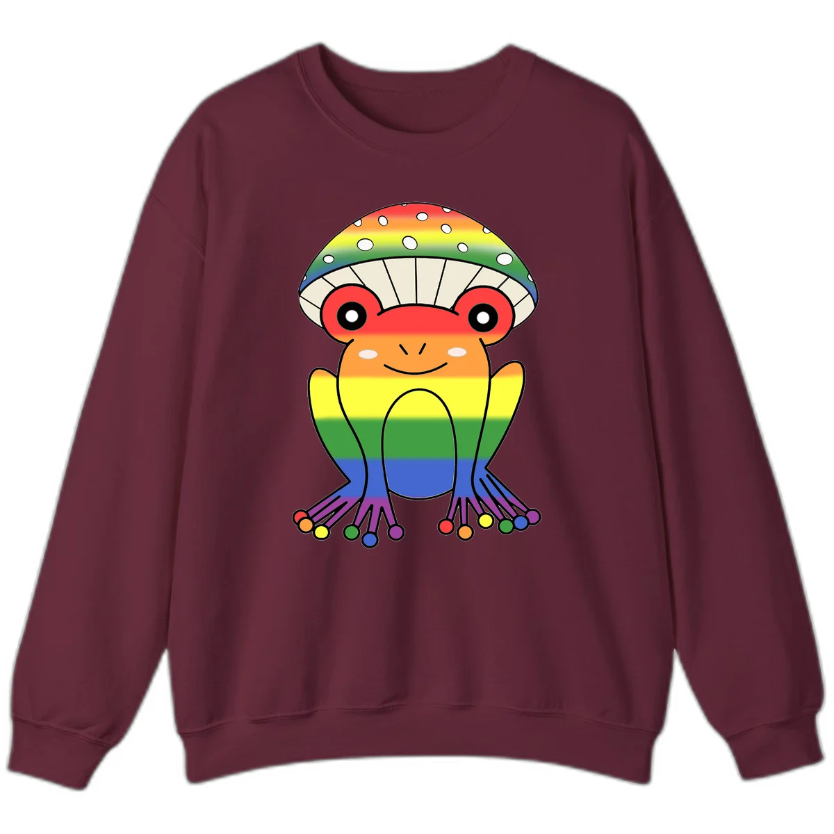 Cute rainbow mushroom character with spotted cap, large smiling eyes, and colorful gradient-filled body in pride colors in Maroon