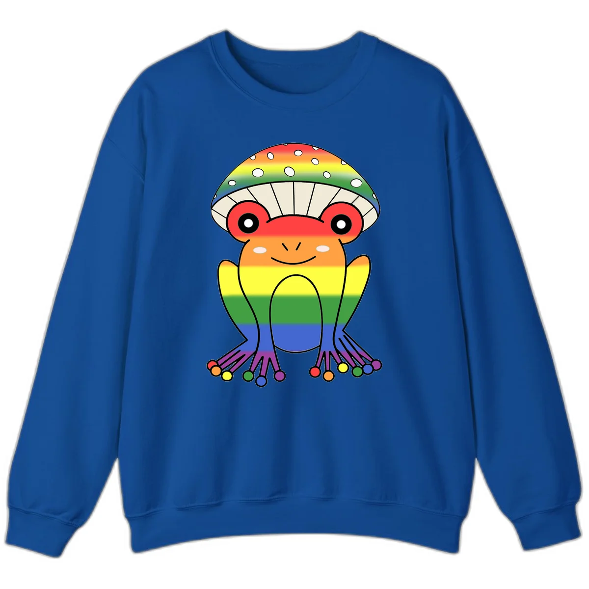 Cute rainbow mushroom character with spotted cap, large smiling eyes, and colorful gradient-filled body in pride colors in Royal