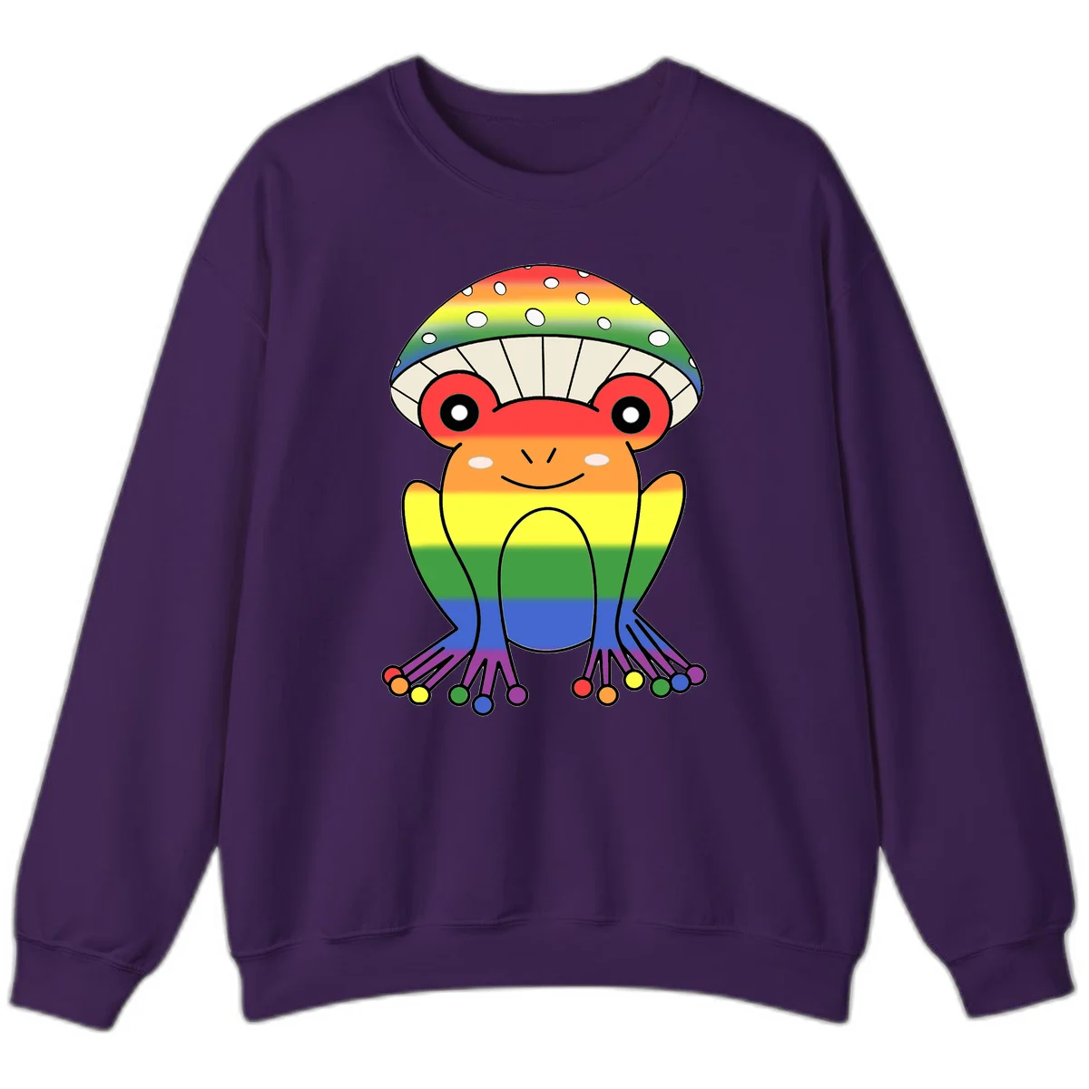 Cute rainbow mushroom character with spotted cap, large smiling eyes, and colorful gradient-filled body in pride colors in Purple