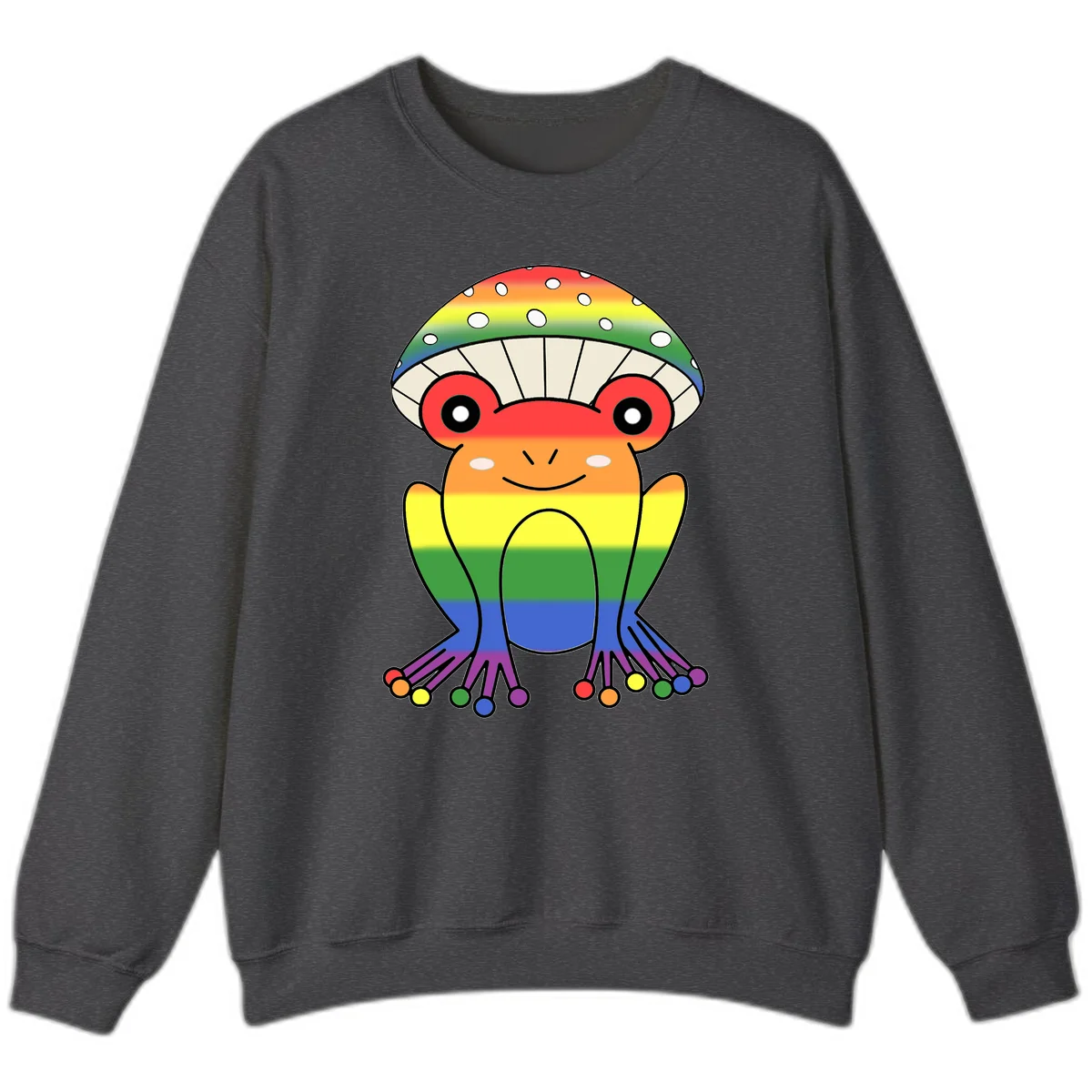 Cute rainbow mushroom character with spotted cap, large smiling eyes, and colorful gradient-filled body in pride colors in Dark Heather