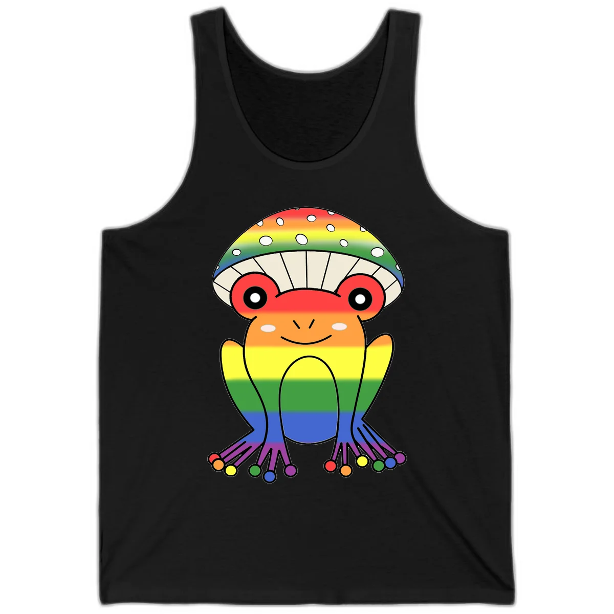Cute rainbow mushroom character with spotted cap, large smiling eyes, and colorful gradient-filled body in pride colors in Black