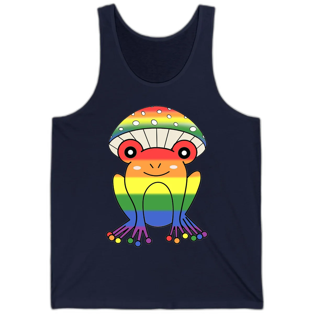 Cute rainbow mushroom character with spotted cap, large smiling eyes, and colorful gradient-filled body in pride colors in Navy