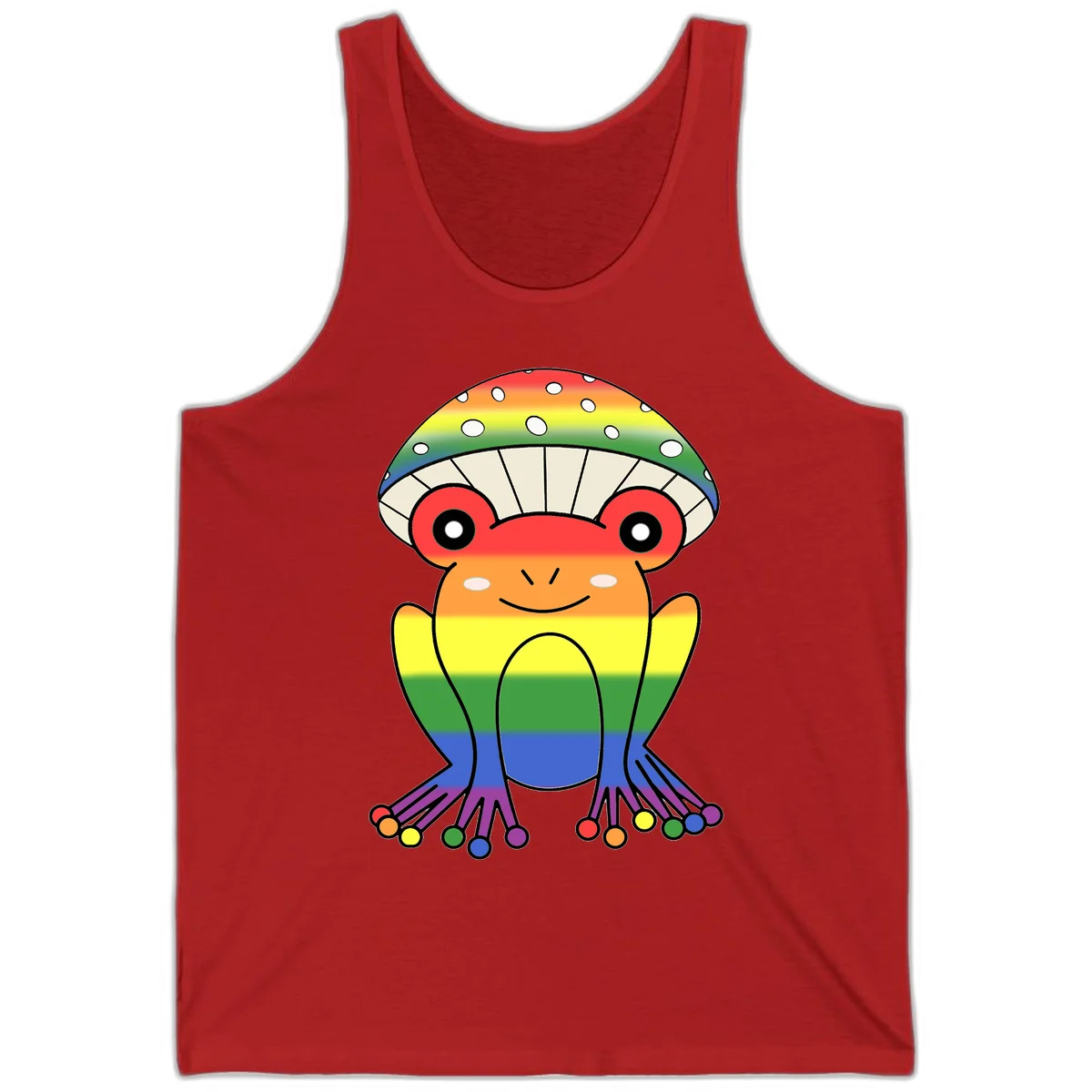 Cute rainbow mushroom character with spotted cap, large smiling eyes, and colorful gradient-filled body in pride colors in Red