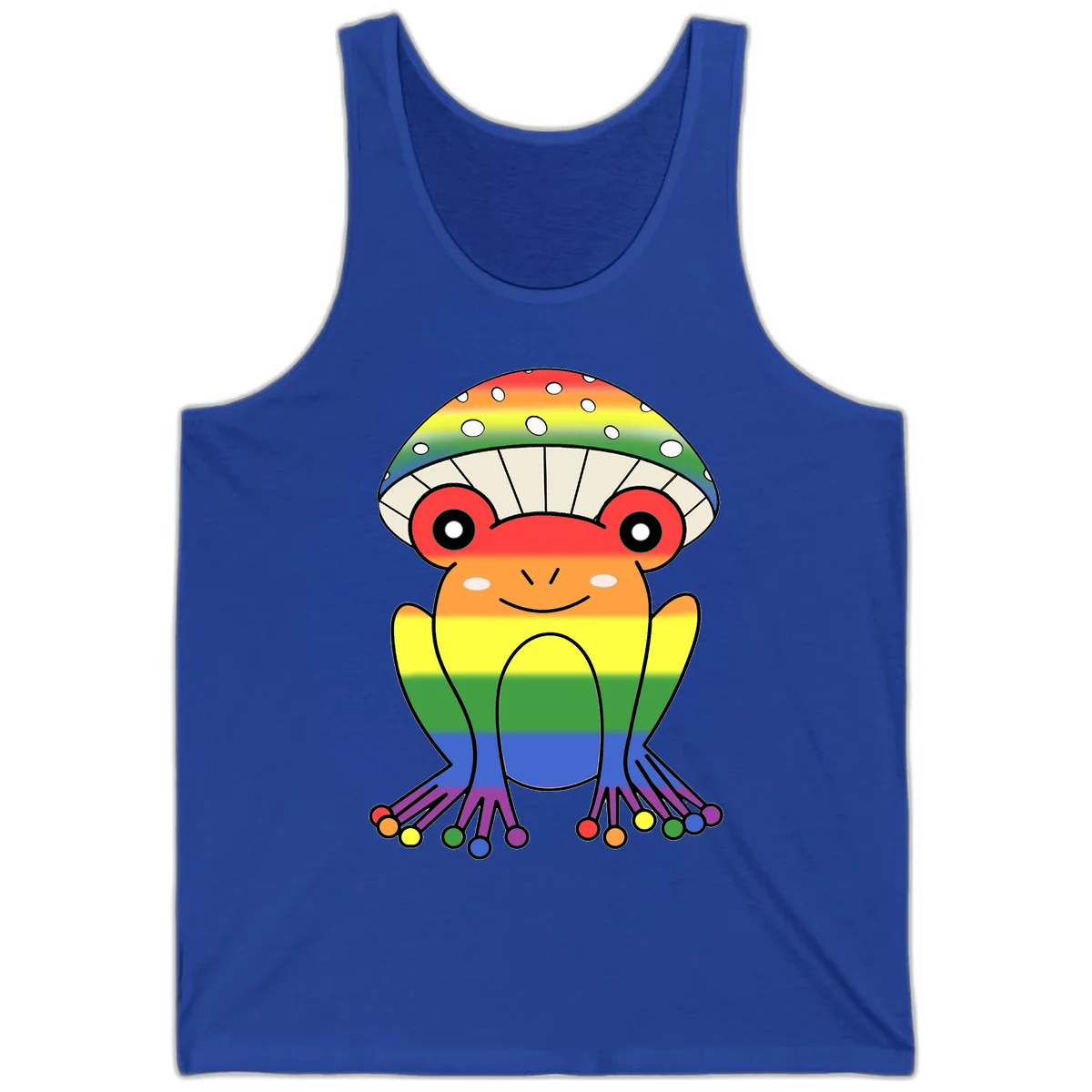Cute rainbow mushroom character with spotted cap, large smiling eyes, and colorful gradient-filled body in pride colors in True Royal