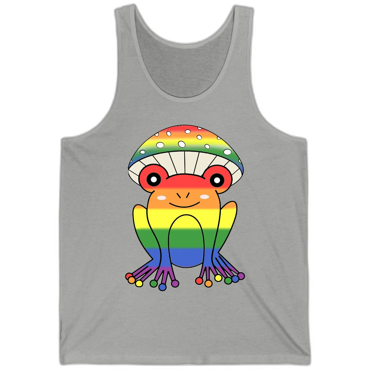 Cute rainbow mushroom character with spotted cap, large smiling eyes, and colorful gradient-filled body in pride colors in Athletic Heather