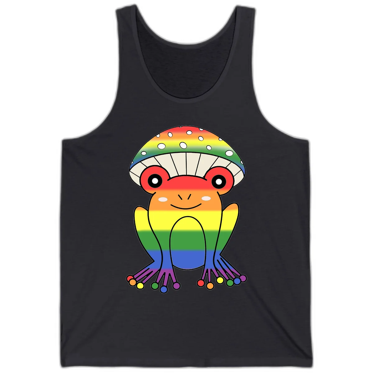 Cute rainbow mushroom character with spotted cap, large smiling eyes, and colorful gradient-filled body in pride colors in Dark Grey
