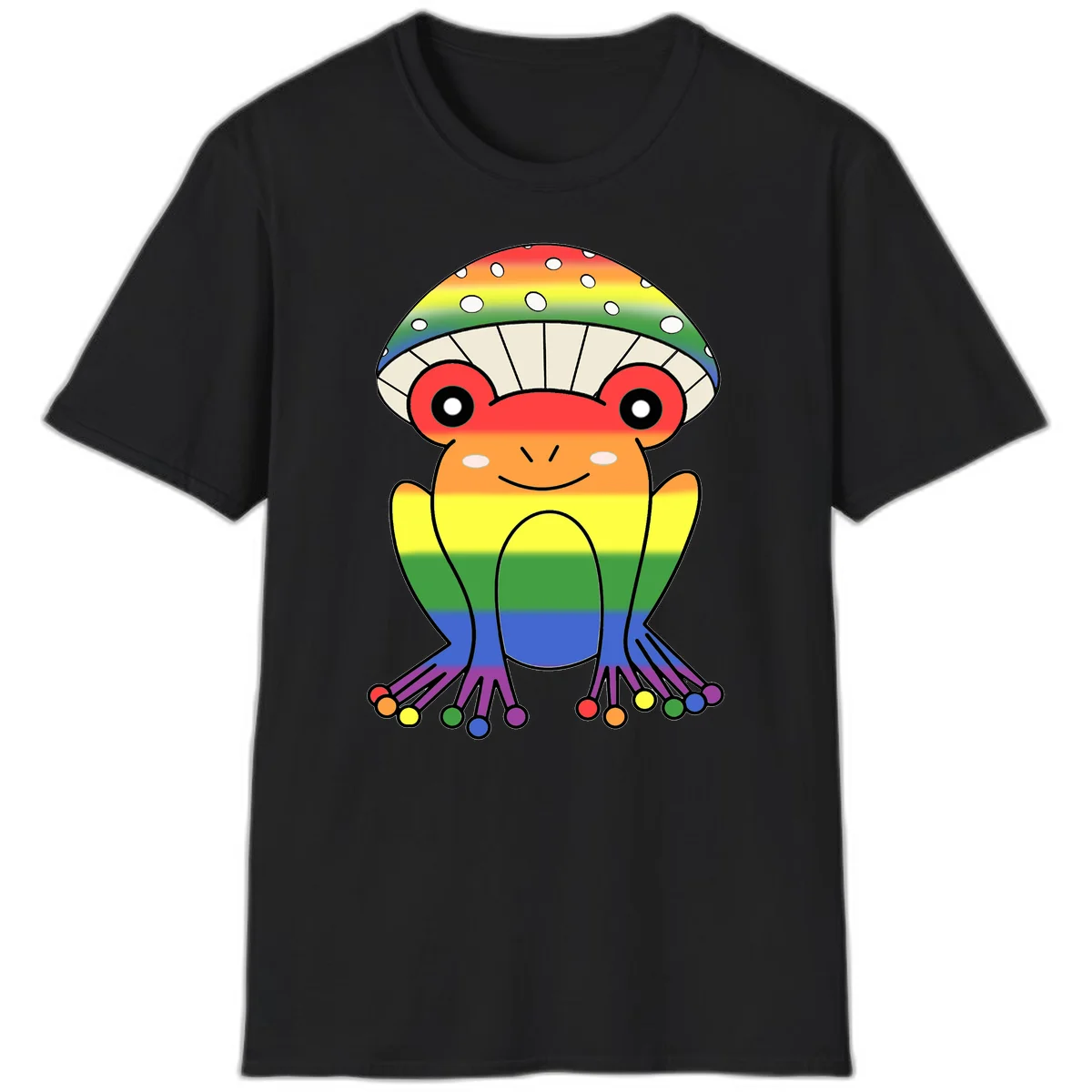 Cute rainbow mushroom character with spotted cap, large smiling eyes, and colorful gradient-filled body in pride colors in Black
