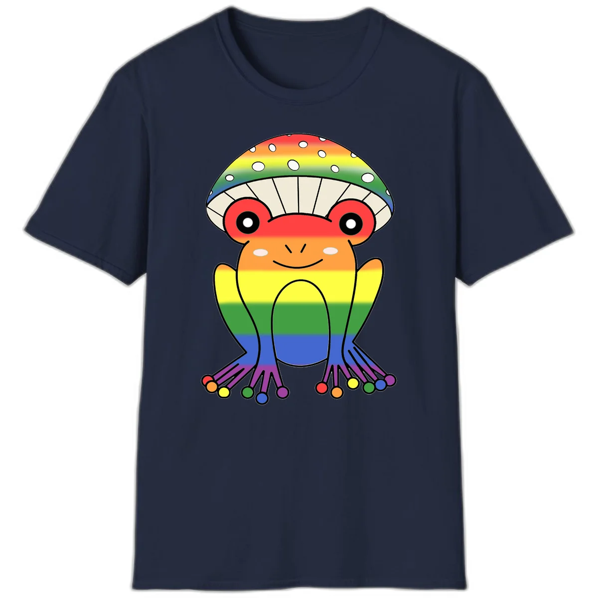 Cute rainbow mushroom character with spotted cap, large smiling eyes, and colorful gradient-filled body in pride colors in Navy