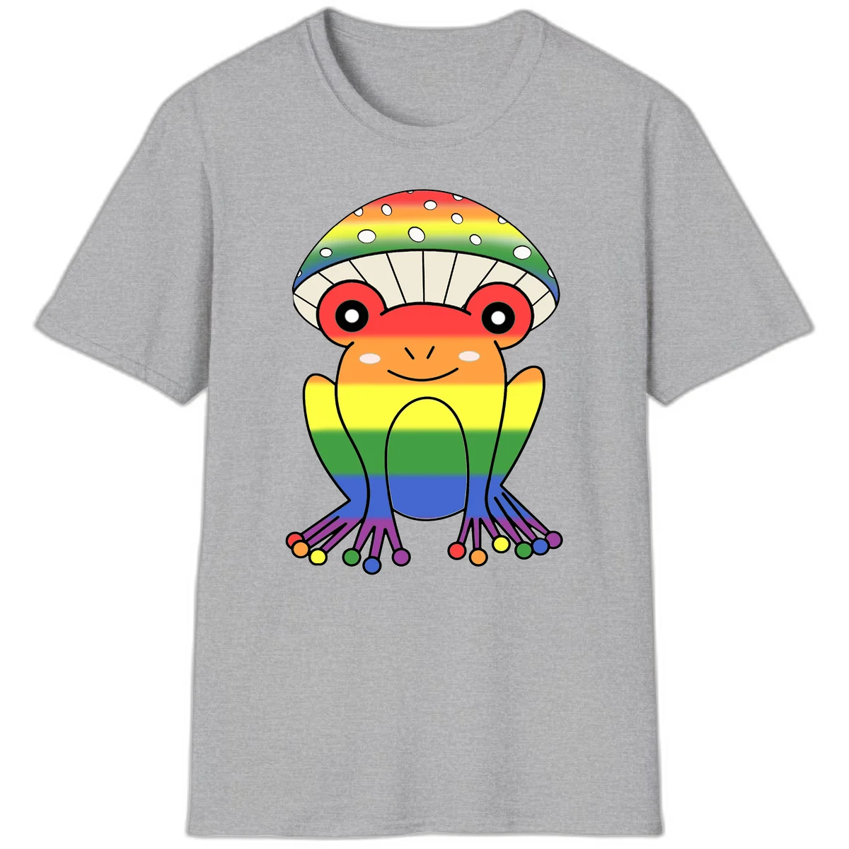 Cute rainbow mushroom character with spotted cap, large smiling eyes, and colorful gradient-filled body in pride colors in Sport Grey