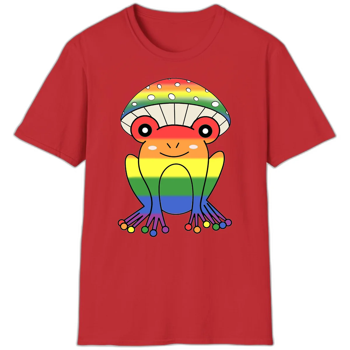 Cute rainbow mushroom character with spotted cap, large smiling eyes, and colorful gradient-filled body in pride colors in Red