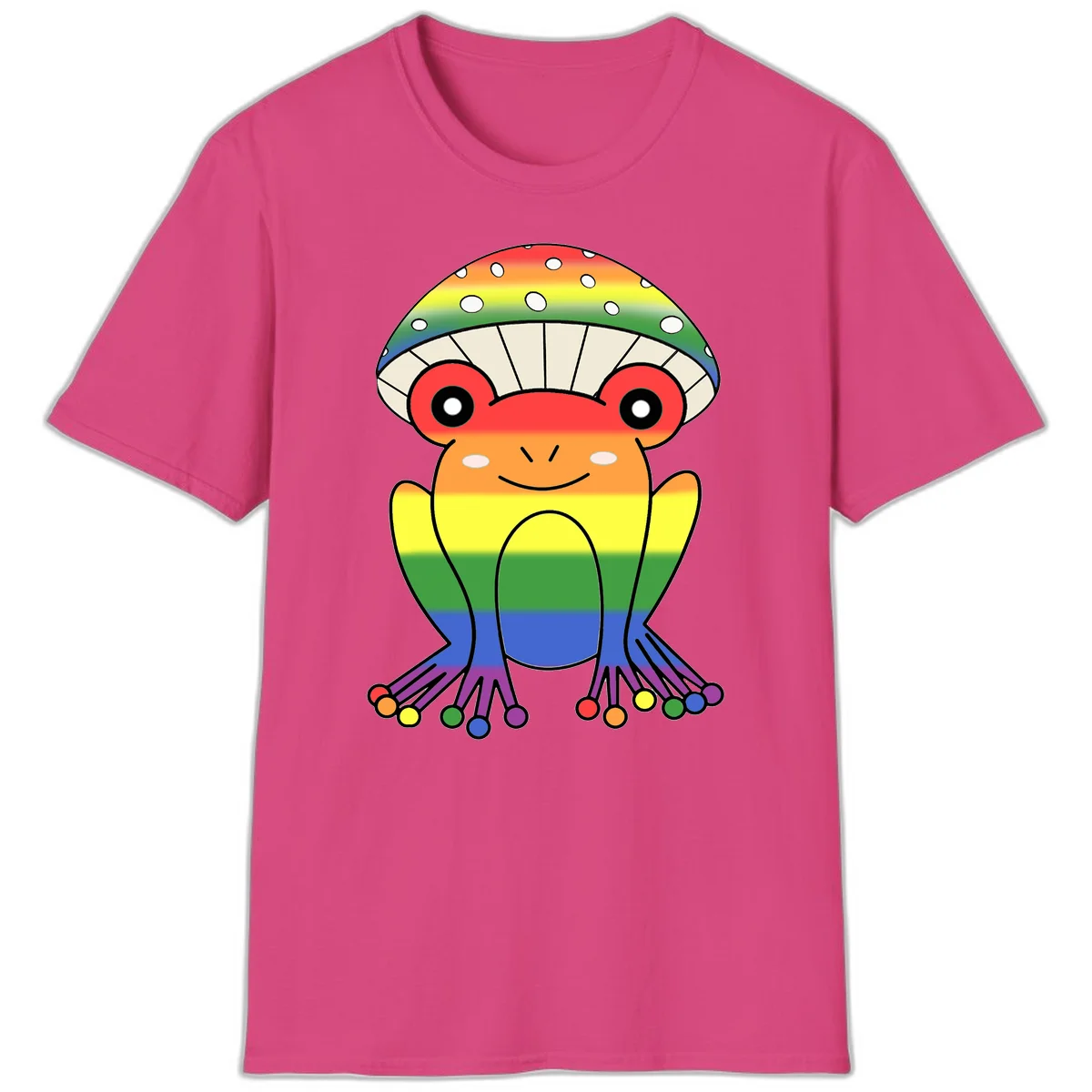 Cute rainbow mushroom character with spotted cap, large smiling eyes, and colorful gradient-filled body in pride colors in Heliconia