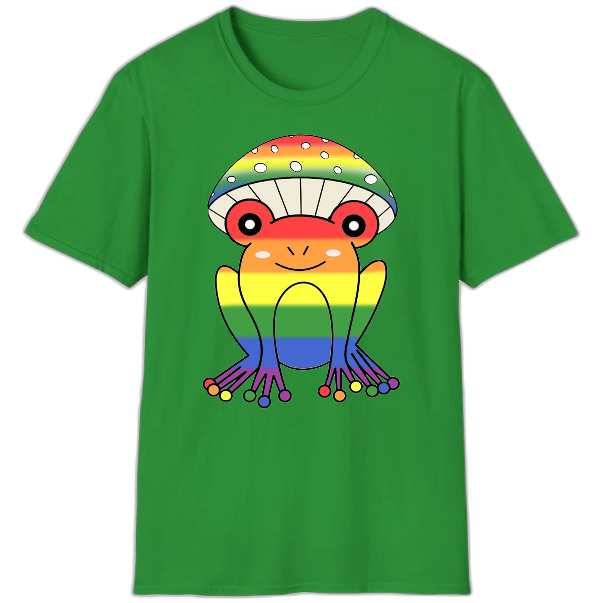 Cute rainbow mushroom character with spotted cap, large smiling eyes, and colorful gradient-filled body in pride colors in Irish Green
