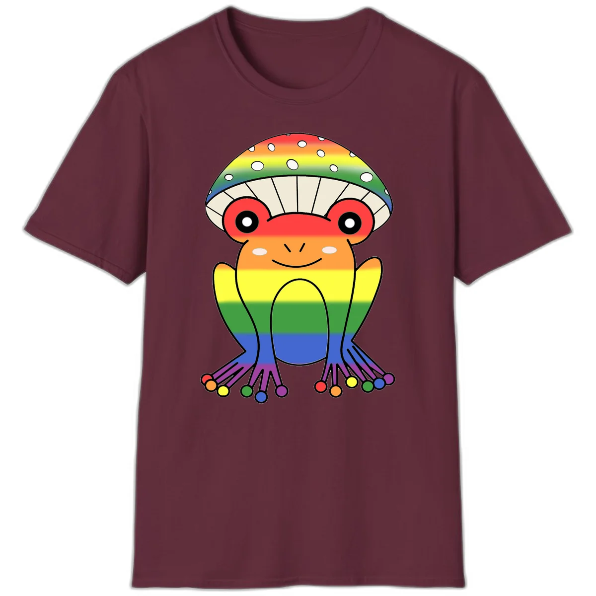 Cute rainbow mushroom character with spotted cap, large smiling eyes, and colorful gradient-filled body in pride colors in Maroon