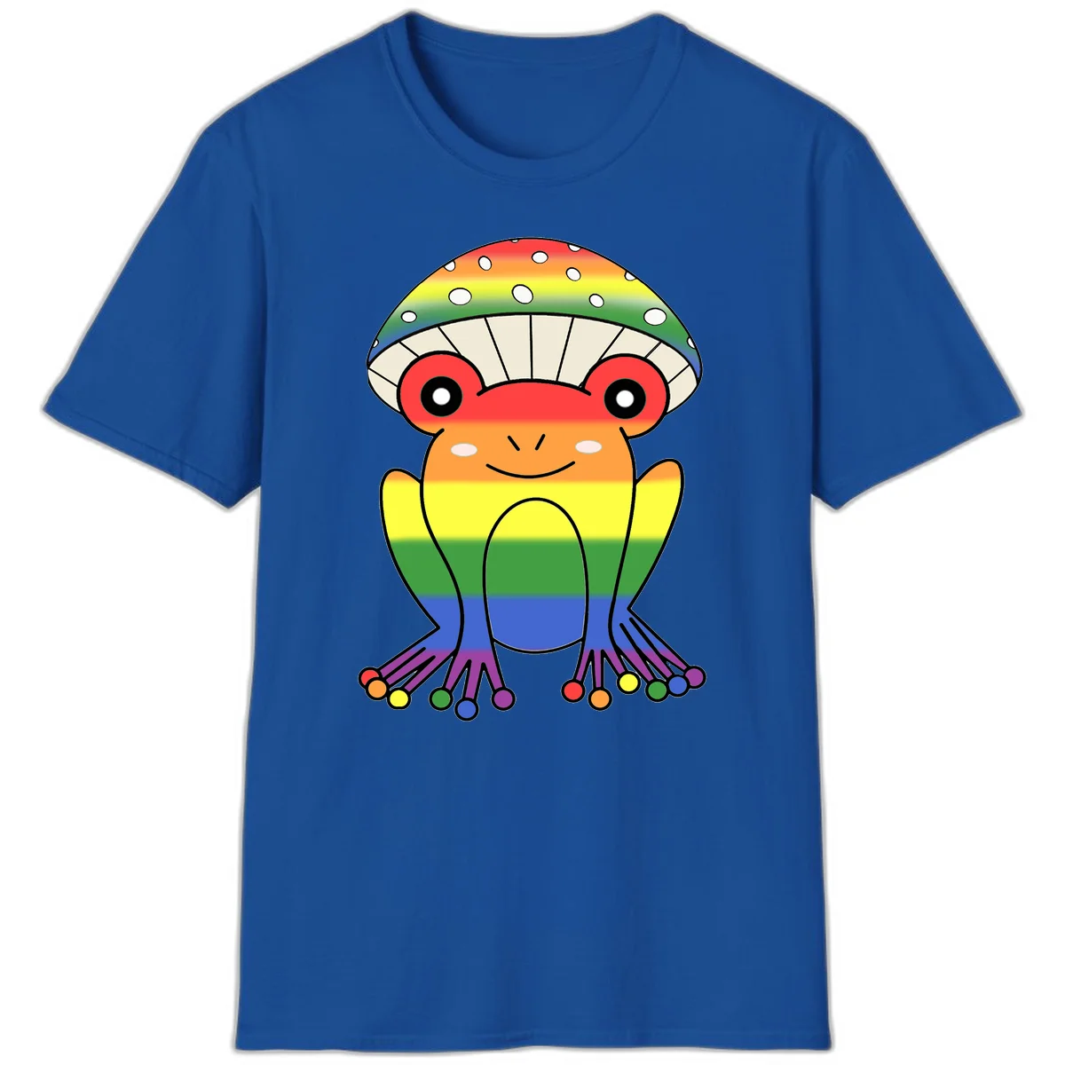 Cute rainbow mushroom character with spotted cap, large smiling eyes, and colorful gradient-filled body in pride colors in Royal