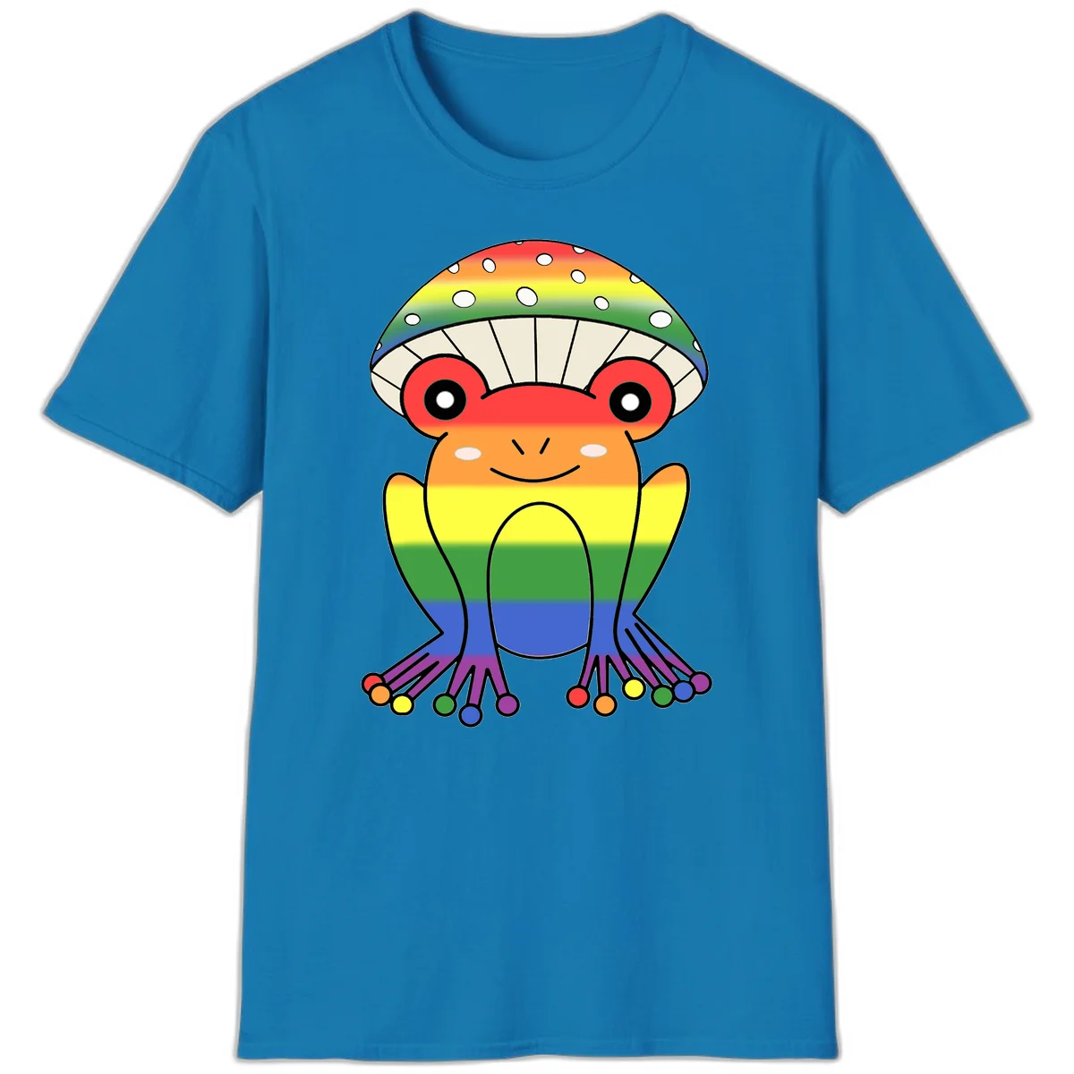 Cute rainbow mushroom character with spotted cap, large smiling eyes, and colorful gradient-filled body in pride colors in Sapphire